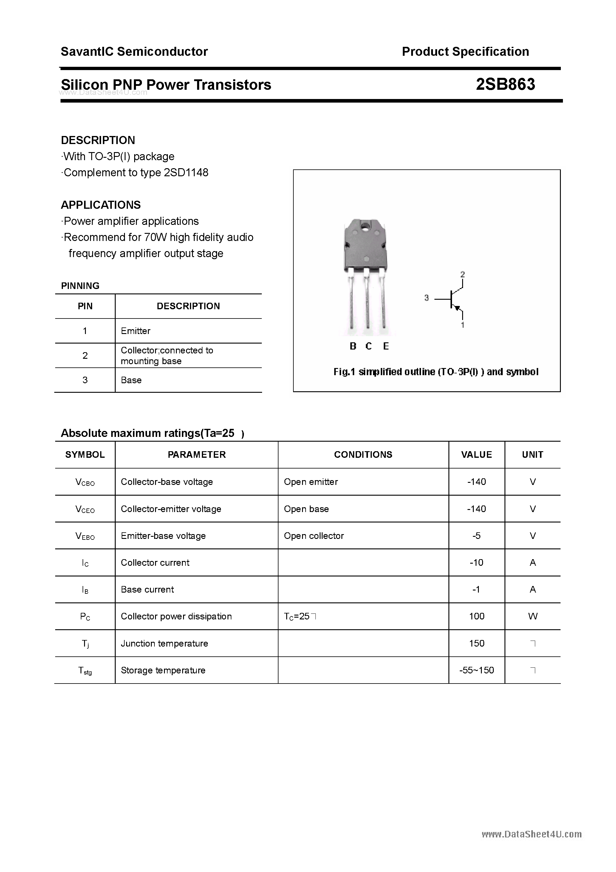 Даташит 2SB863 - SILICON POWER TRANSISTOR страница 1
