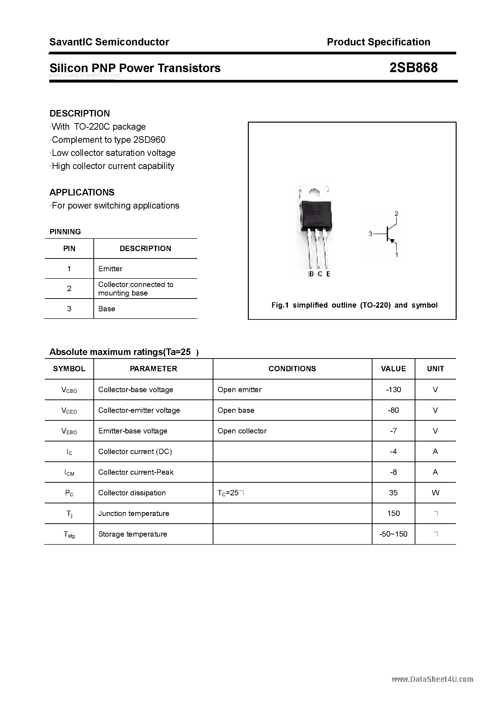 Даташит 2SB868 - SILICON POWER TRANSISTOR страница 1