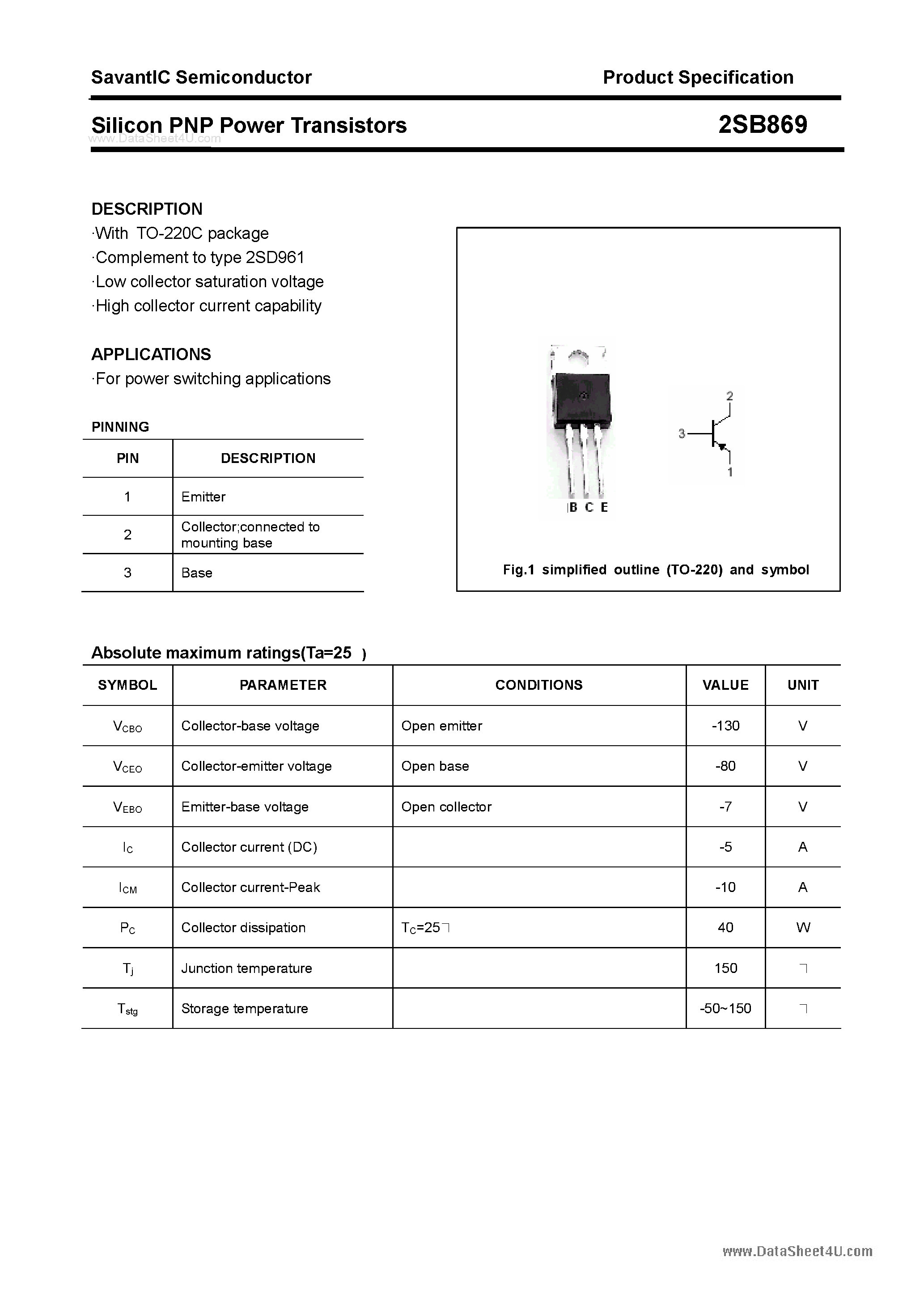 Даташит 2SB869 - SILICON POWER TRANSISTOR страница 1