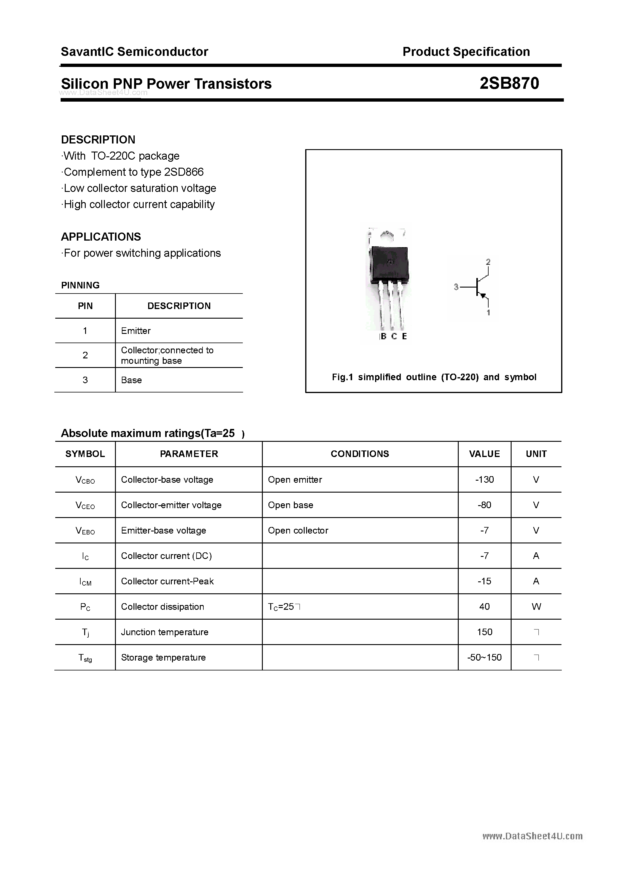 Даташит 2SB870 - SILICON POWER TRANSISTOR страница 1