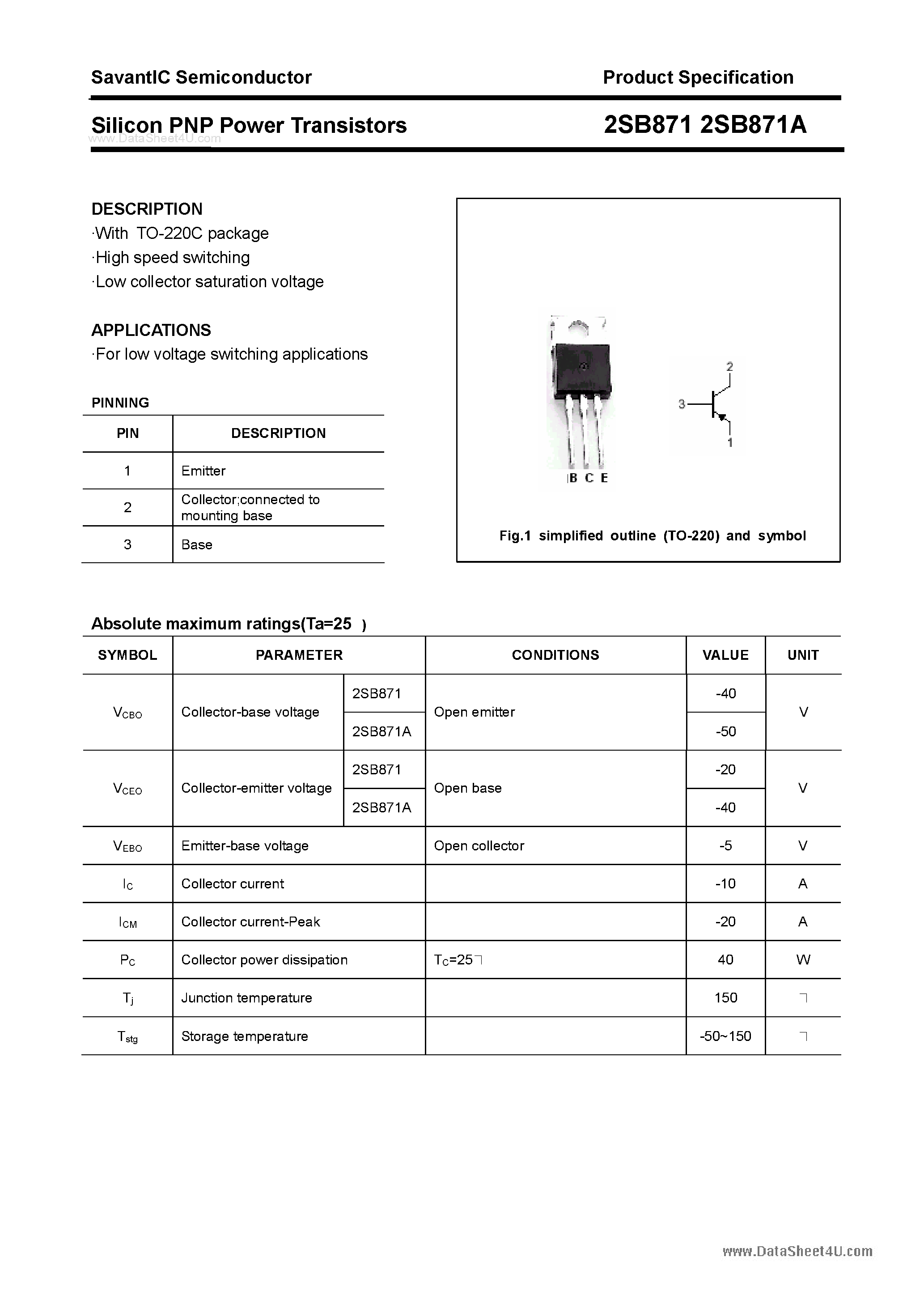 Даташит 2SB871 - SILICON POWER TRANSISTOR страница 1
