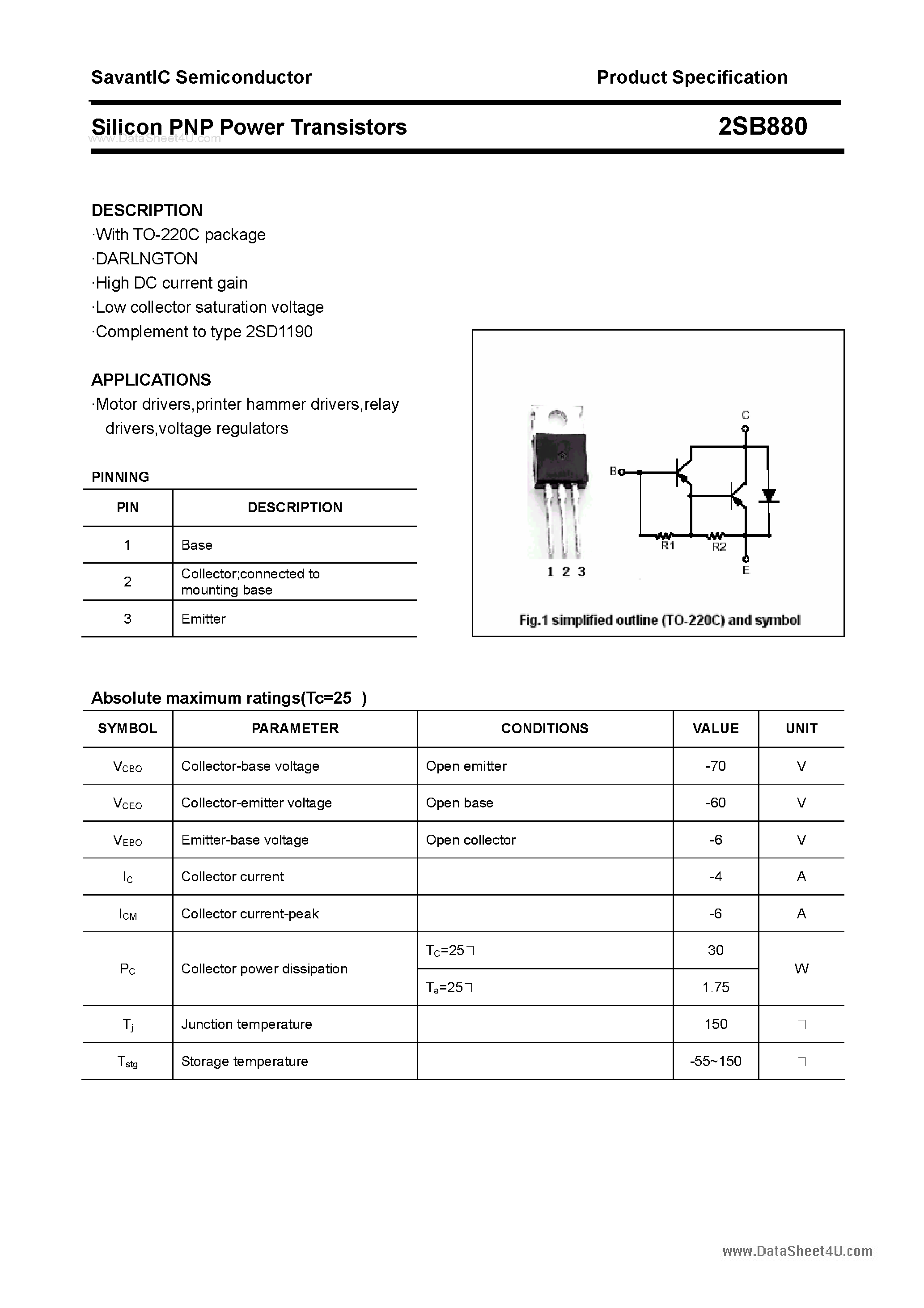 Даташит 2SB880 - SILICON POWER TRANSISTOR страница 1