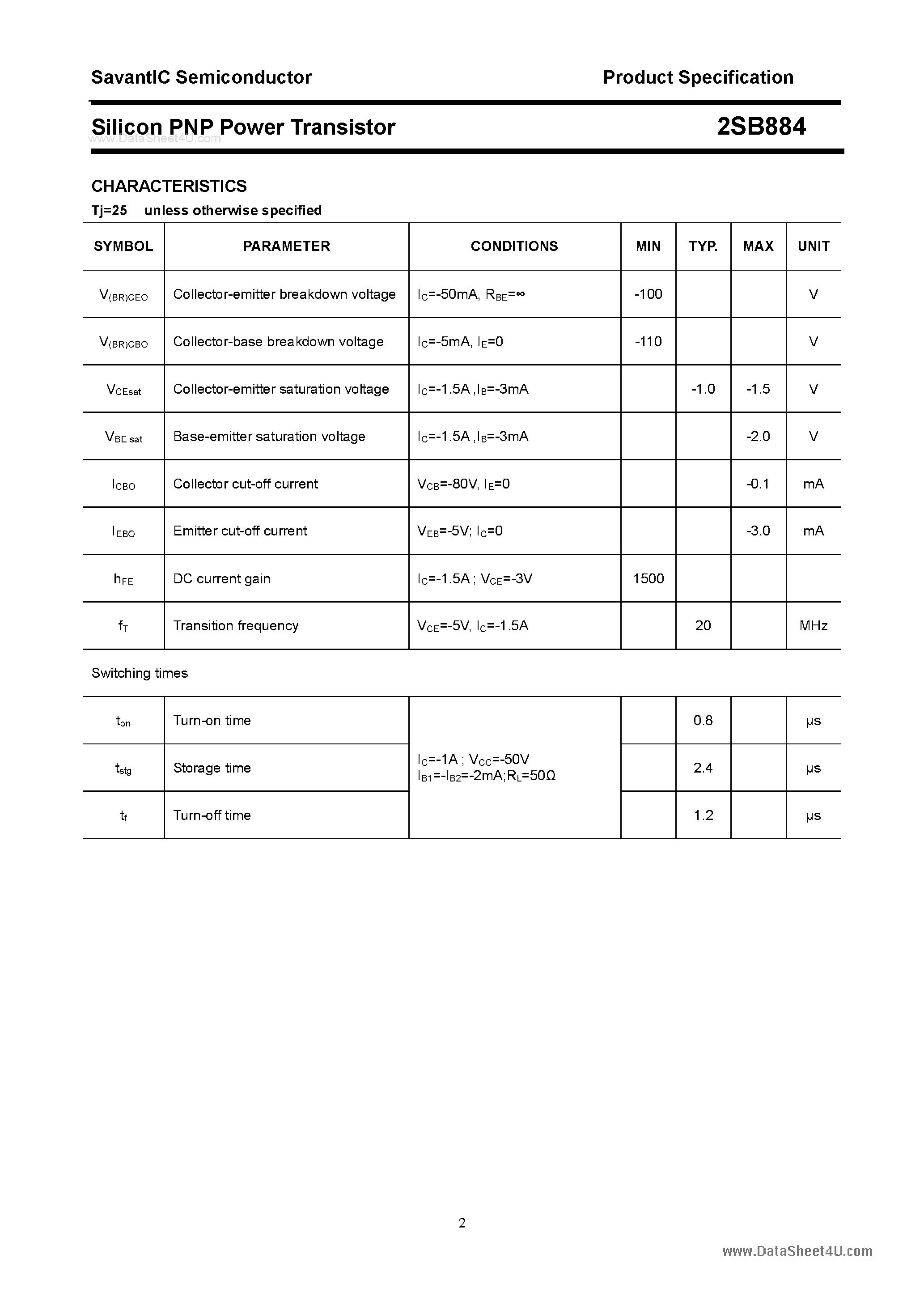 Даташит 2SB884 - SILICON POWER TRANSISTOR страница 2