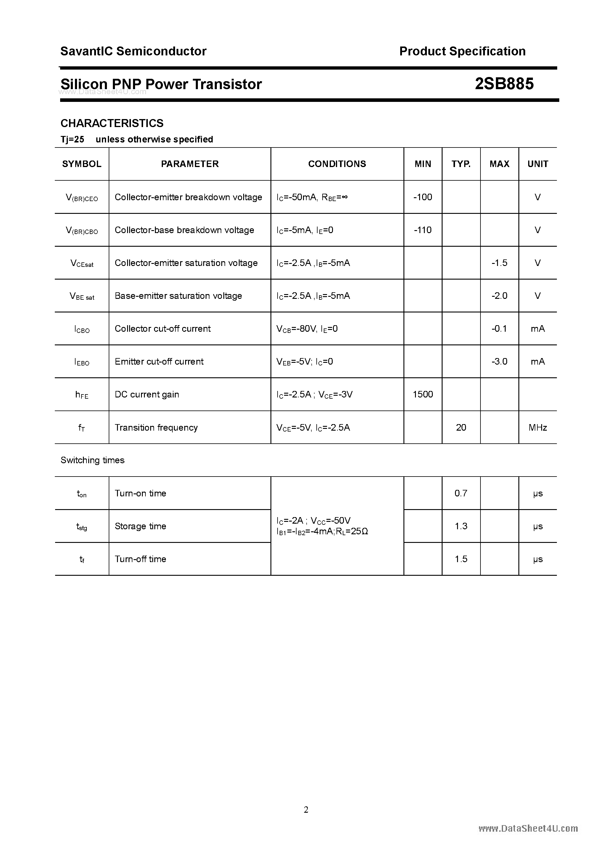 Datasheet 2SB885 page 2 Datasheet 2SB885 - SILICON POWER TRANSISTOR page 2