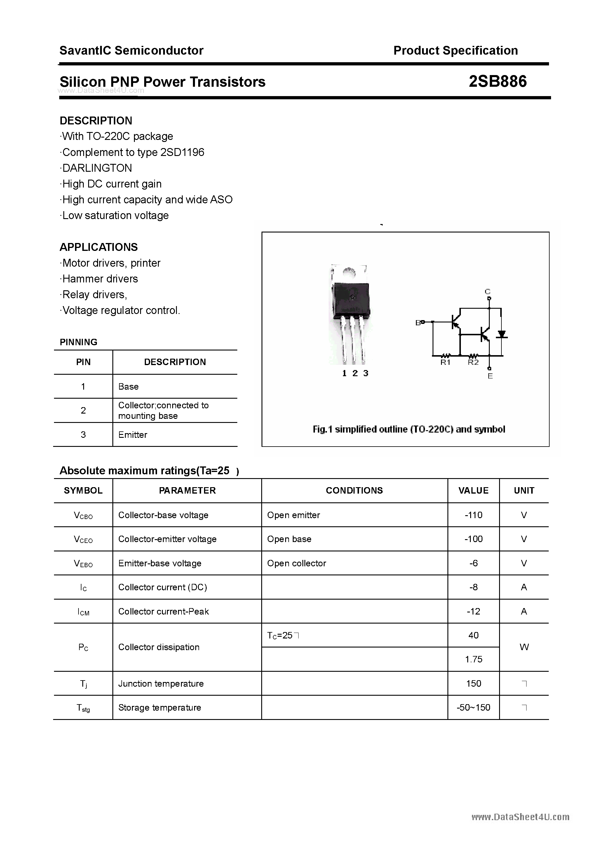 Даташит 2SB886 - SILICON POWER TRANSISTOR страница 1