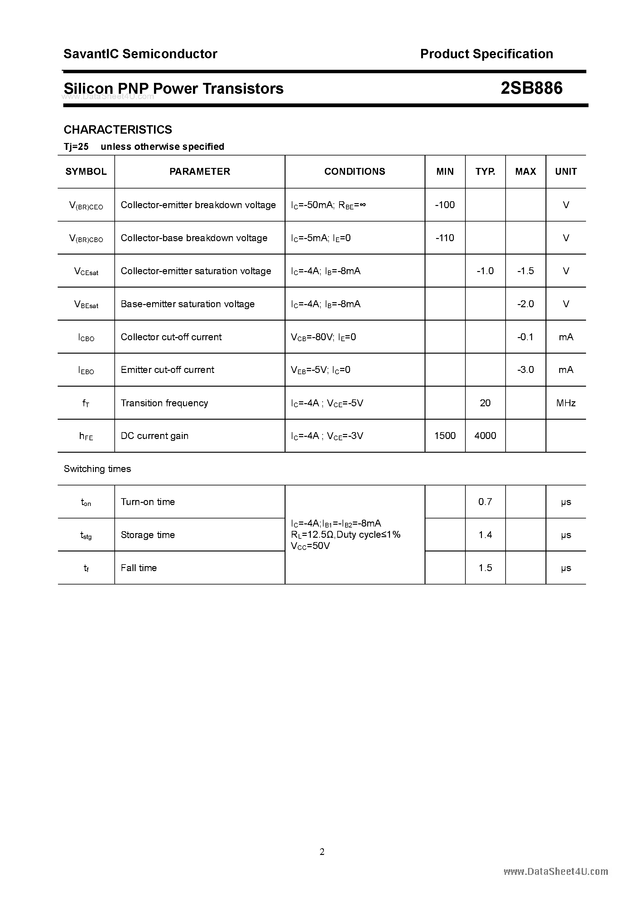 Даташит 2SB886 - SILICON POWER TRANSISTOR страница 2