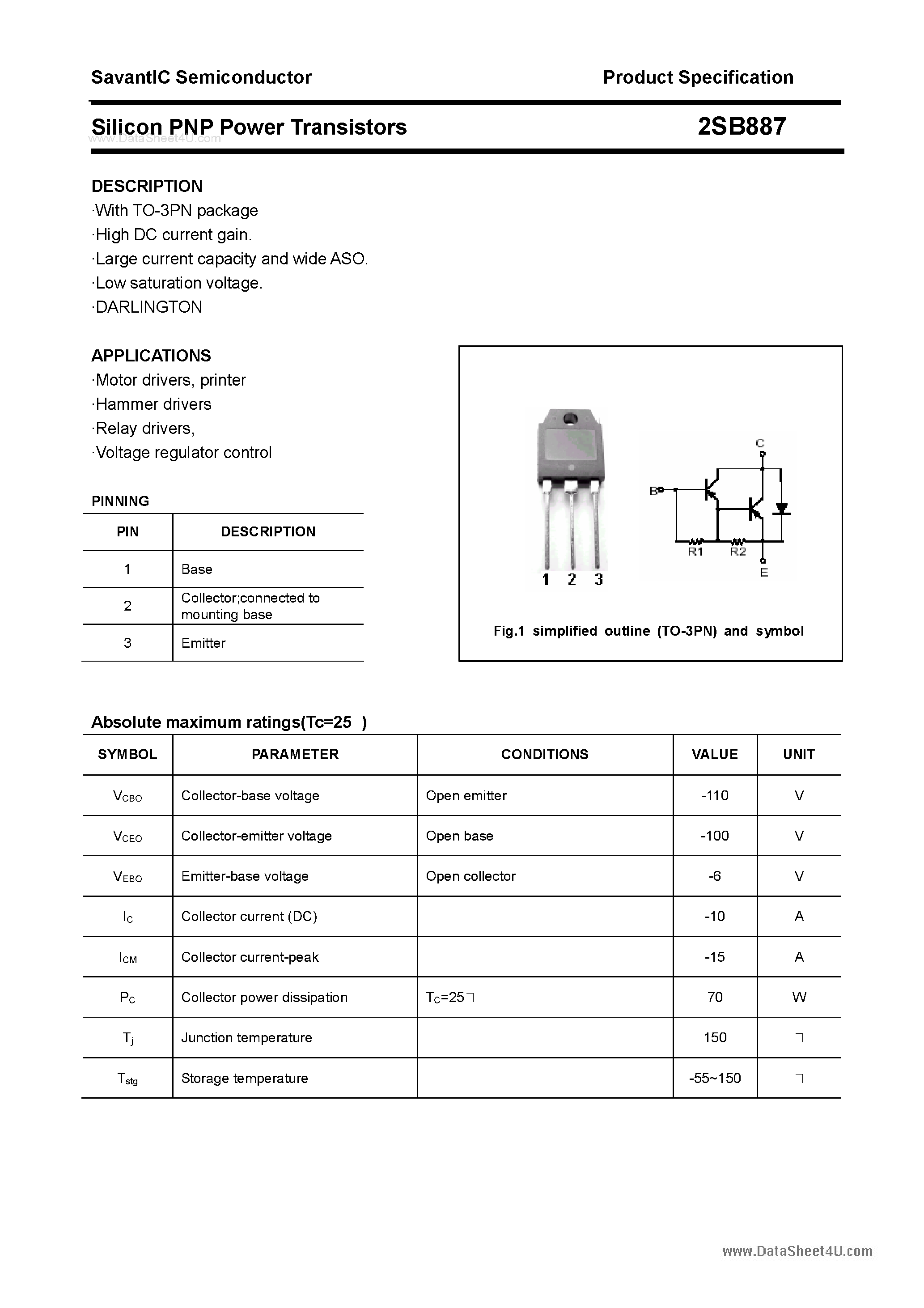 Даташит 2SB887 - SILICON POWER TRANSISTOR страница 1