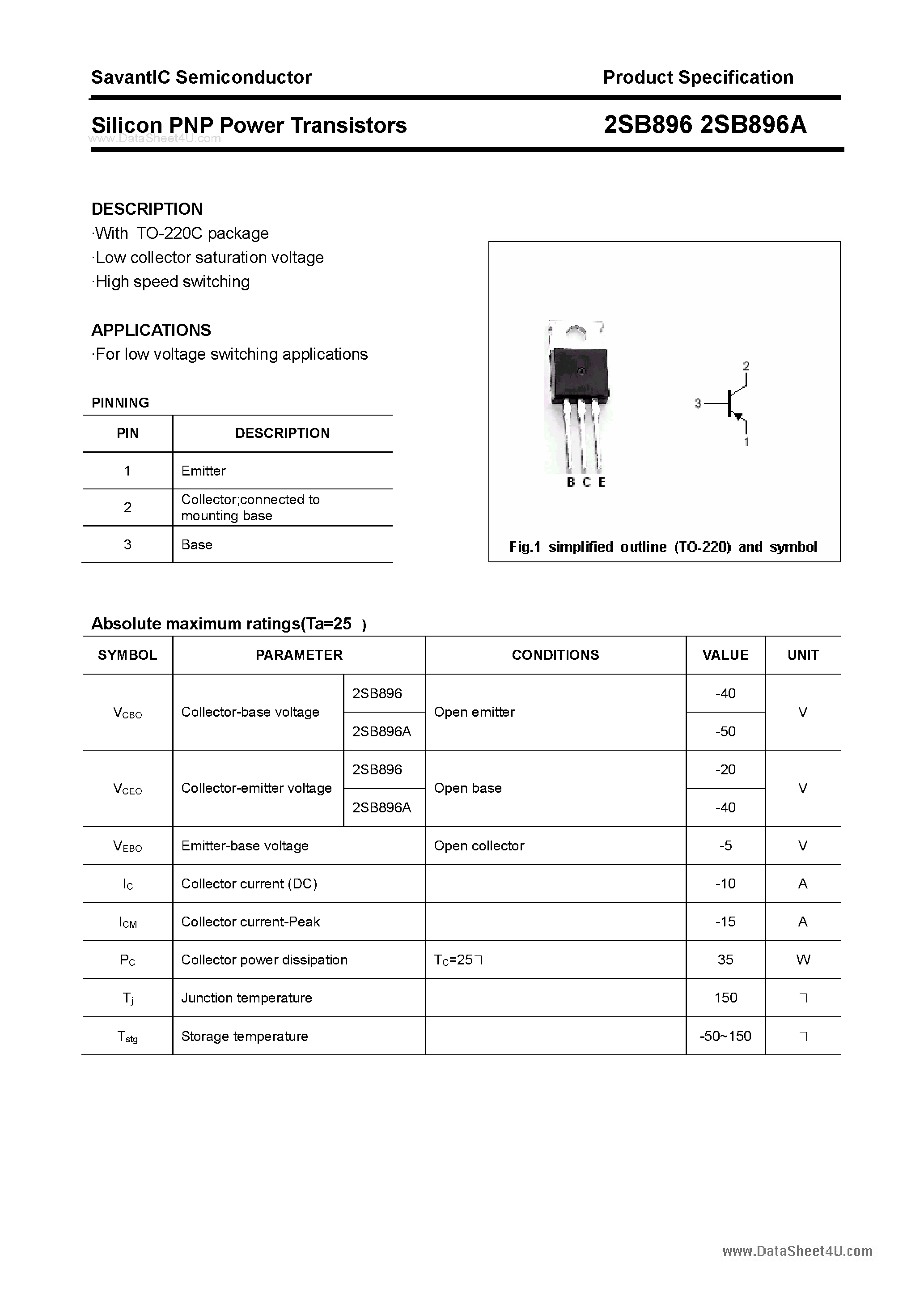 Даташит 2SB896 - SILICON POWER TRANSISTOR страница 1