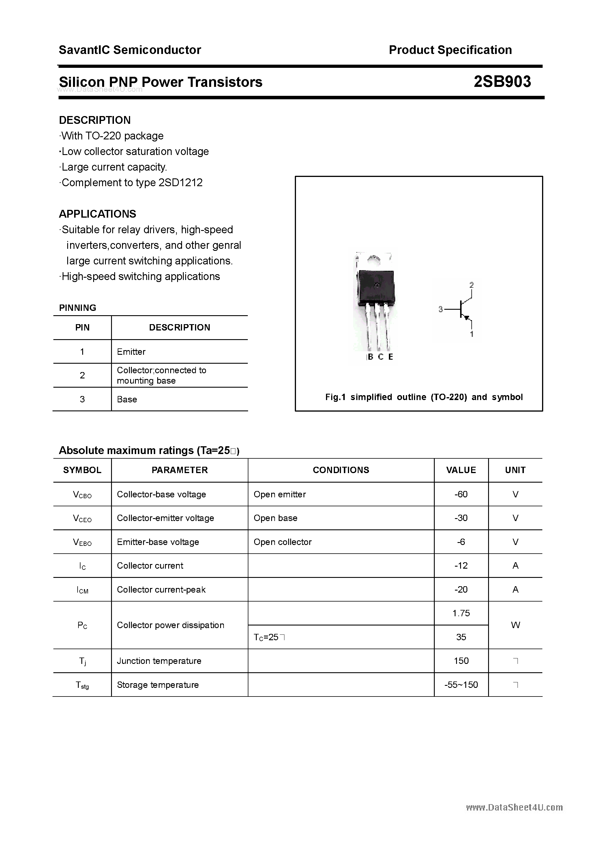 Даташит 2SB903 - SILICON POWER TRANSISTOR страница 1