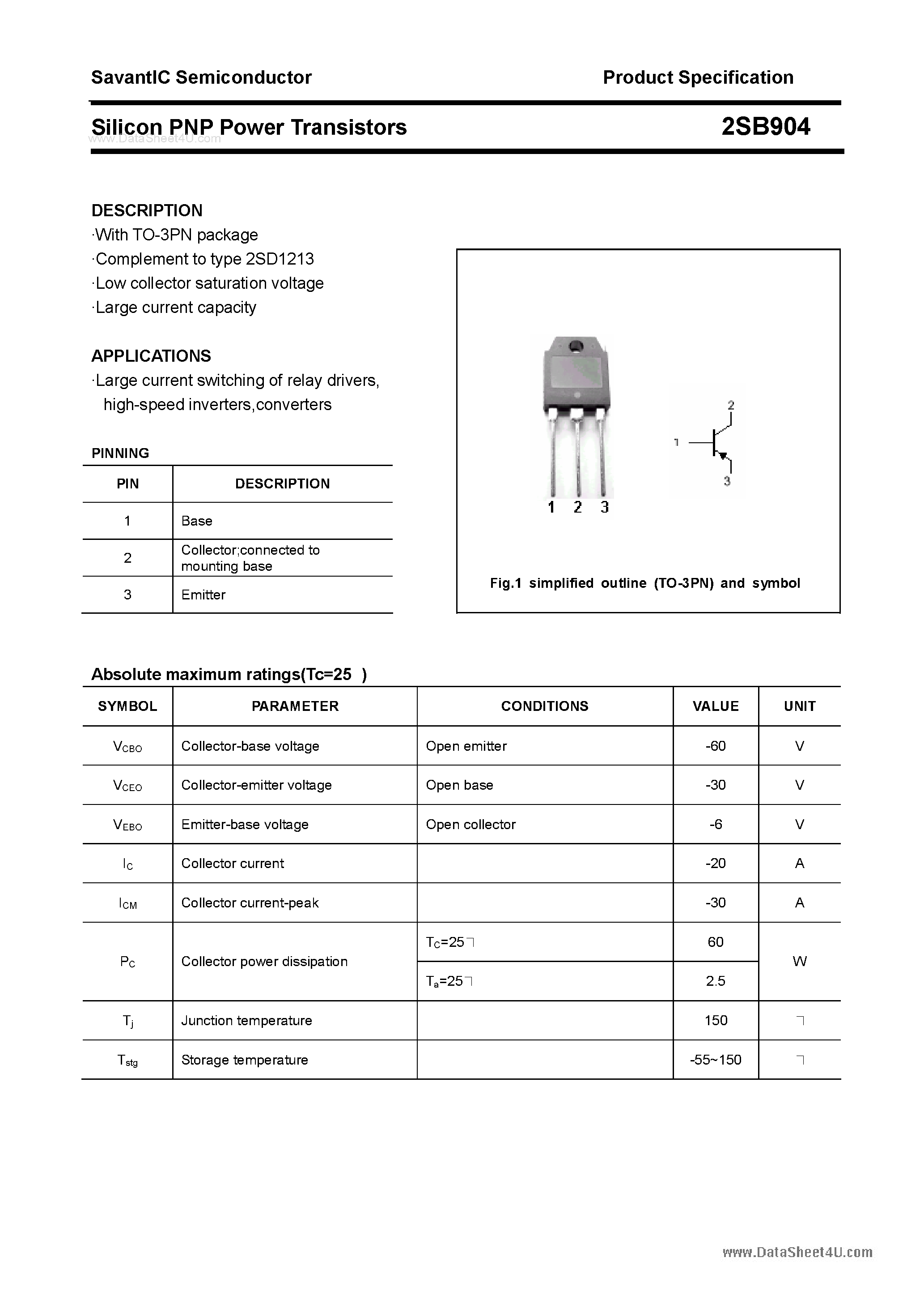 Даташит 2SB904 - SILICON POWER TRANSISTOR страница 1