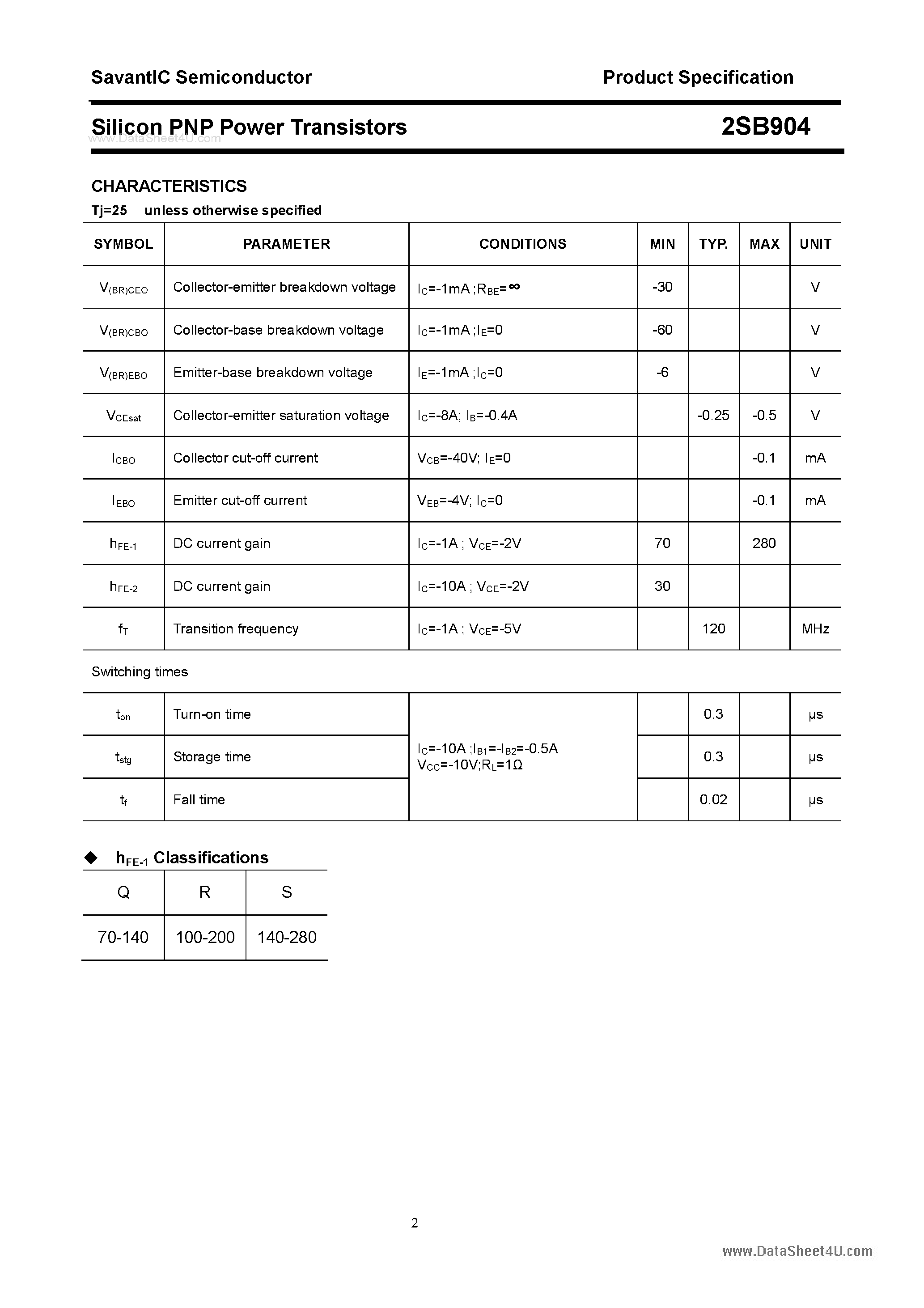Даташит 2SB904 - SILICON POWER TRANSISTOR страница 2