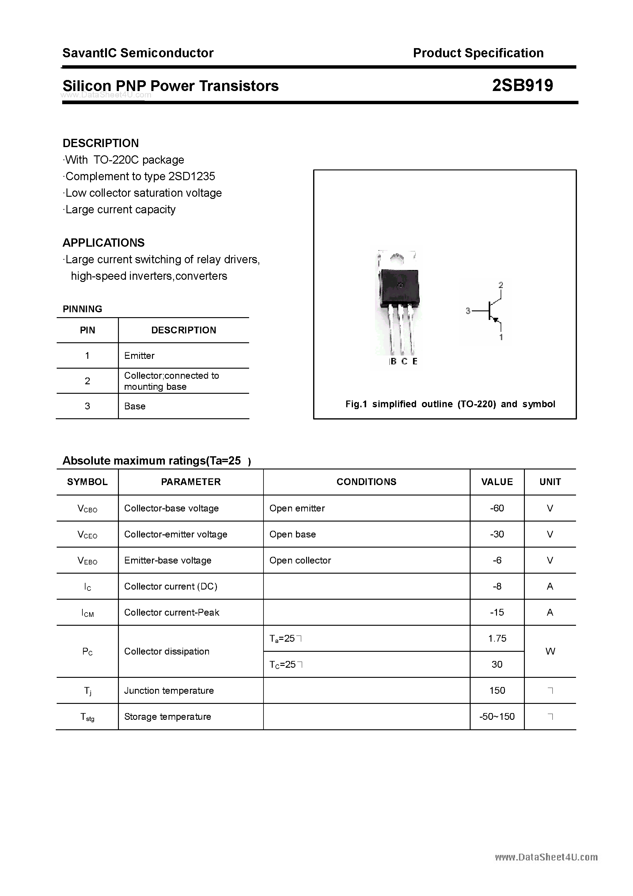 Даташит 2SB919 - SILICON POWER TRANSISTOR страница 1