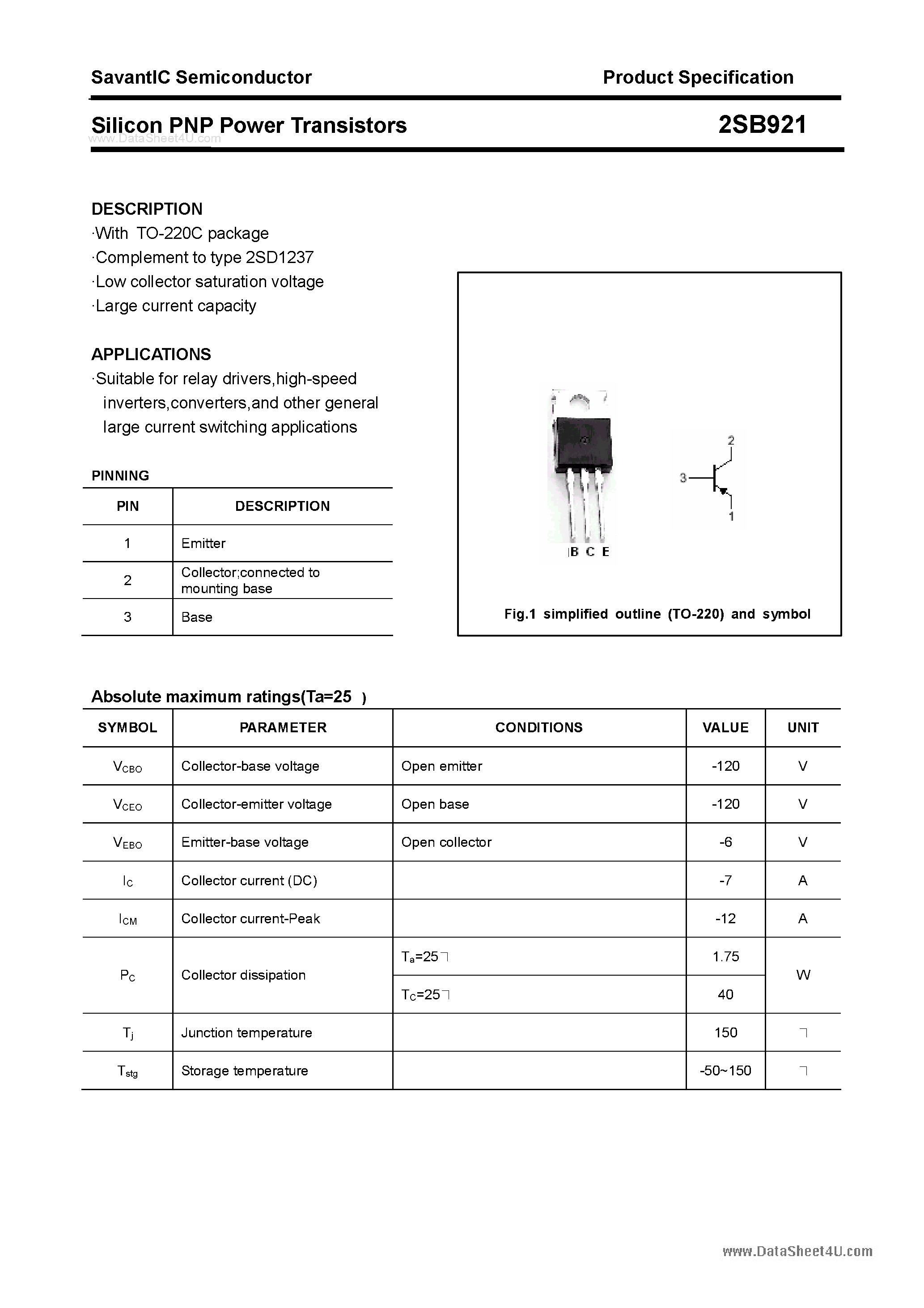 Даташит 2SB921 - SILICON POWER TRANSISTOR страница 1