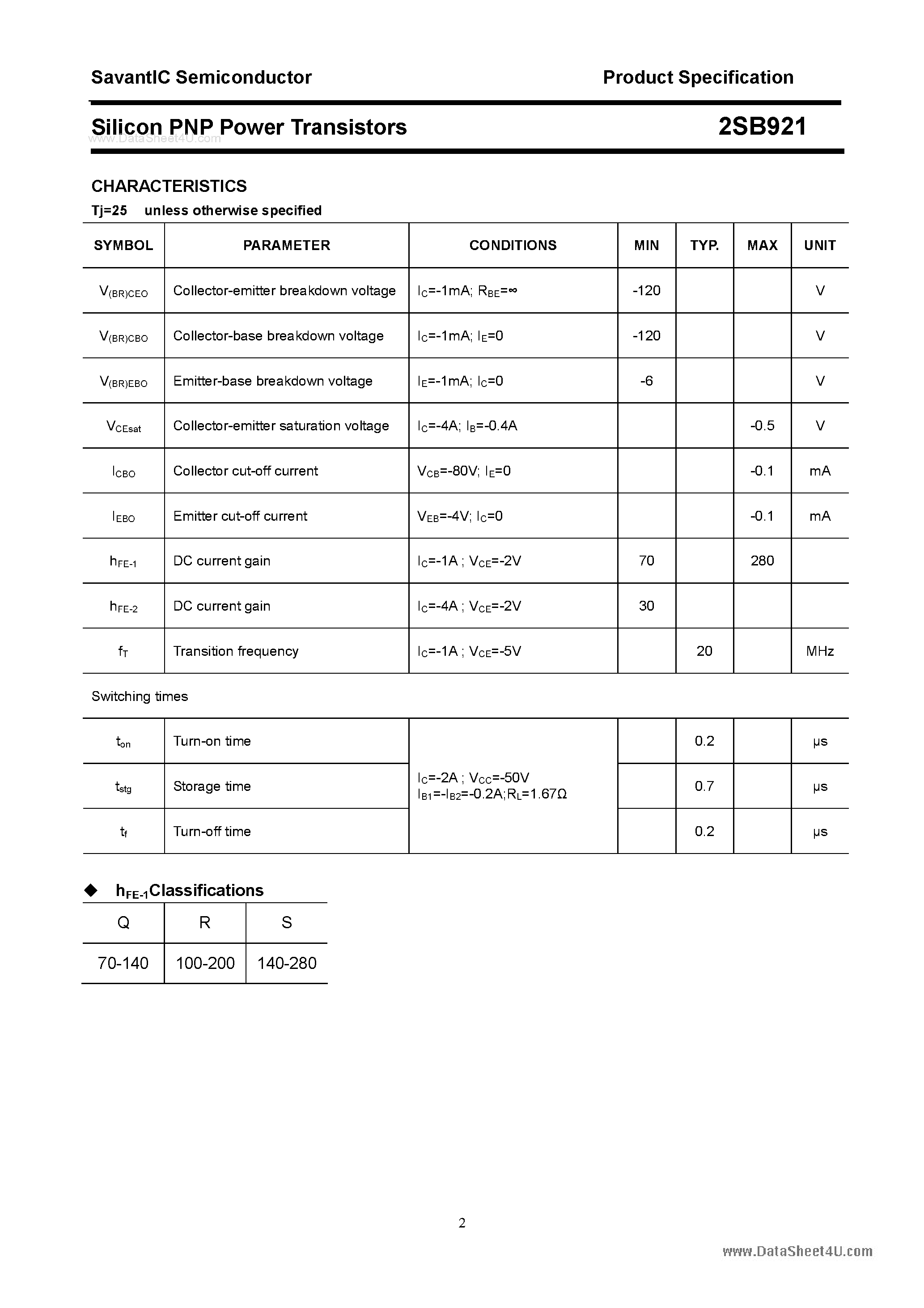 Даташит 2SB921 - SILICON POWER TRANSISTOR страница 2