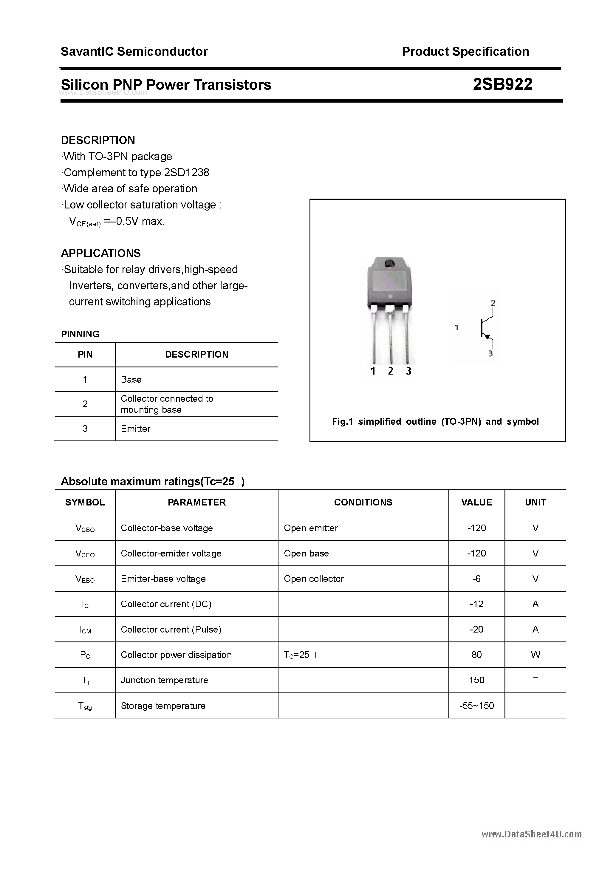 Даташит 2SB922 - SILICON POWER TRANSISTOR страница 1