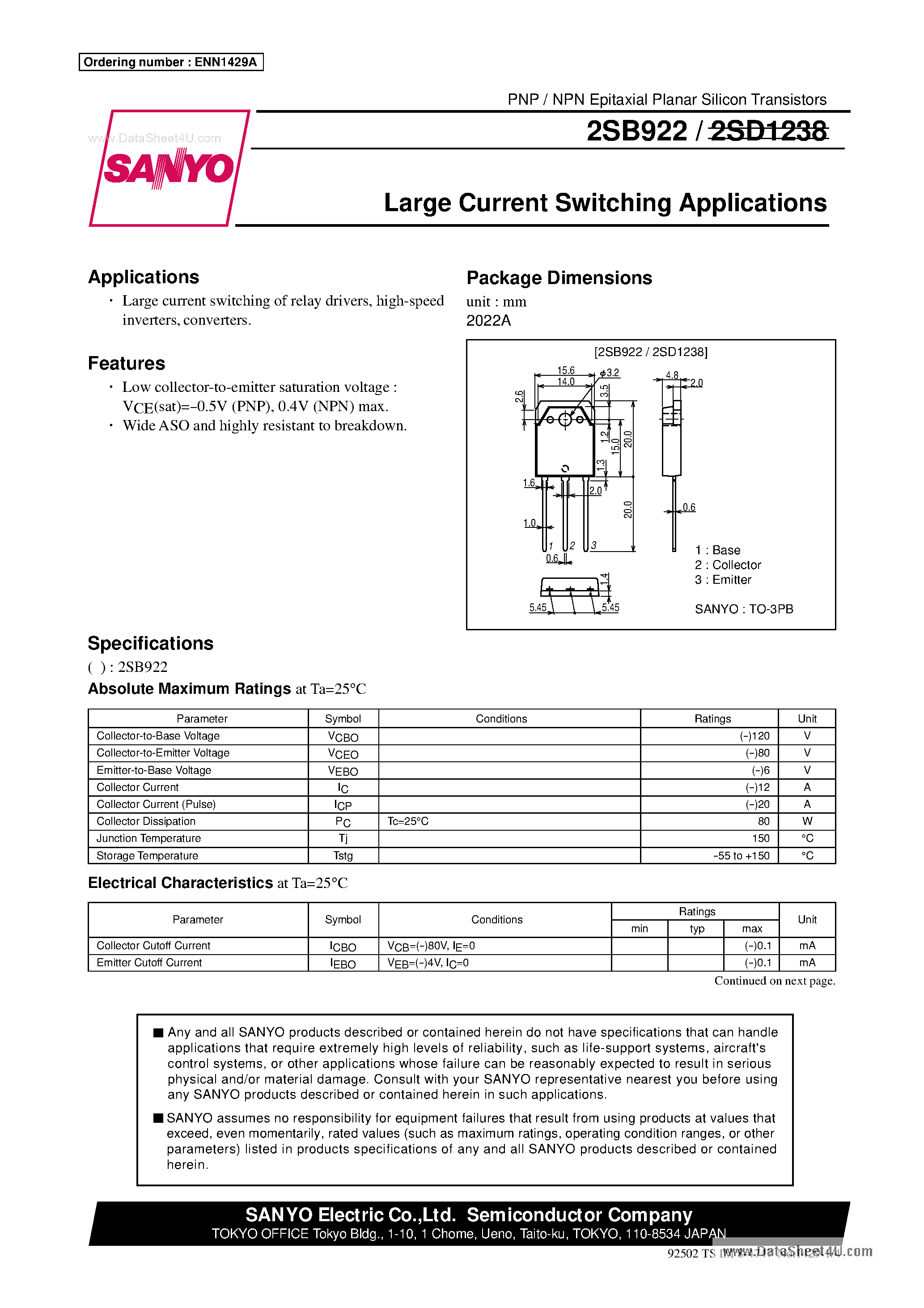 Datasheet 2SD1238 - Large Current Switching Applications page 1