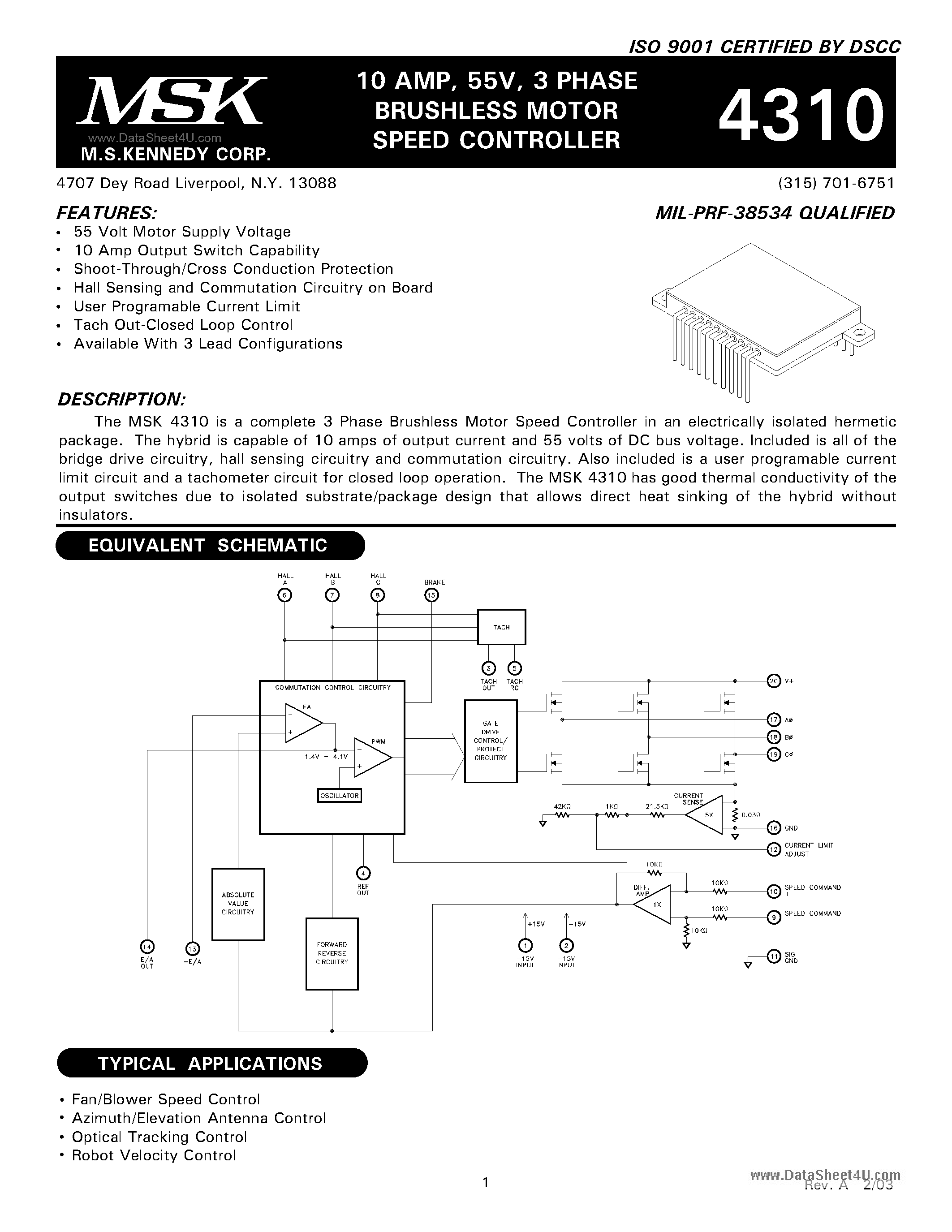 Datasheet MSK4310 - 3 PHASE BRUSHLESS MOTOR SPEED CONTROLLER page 1