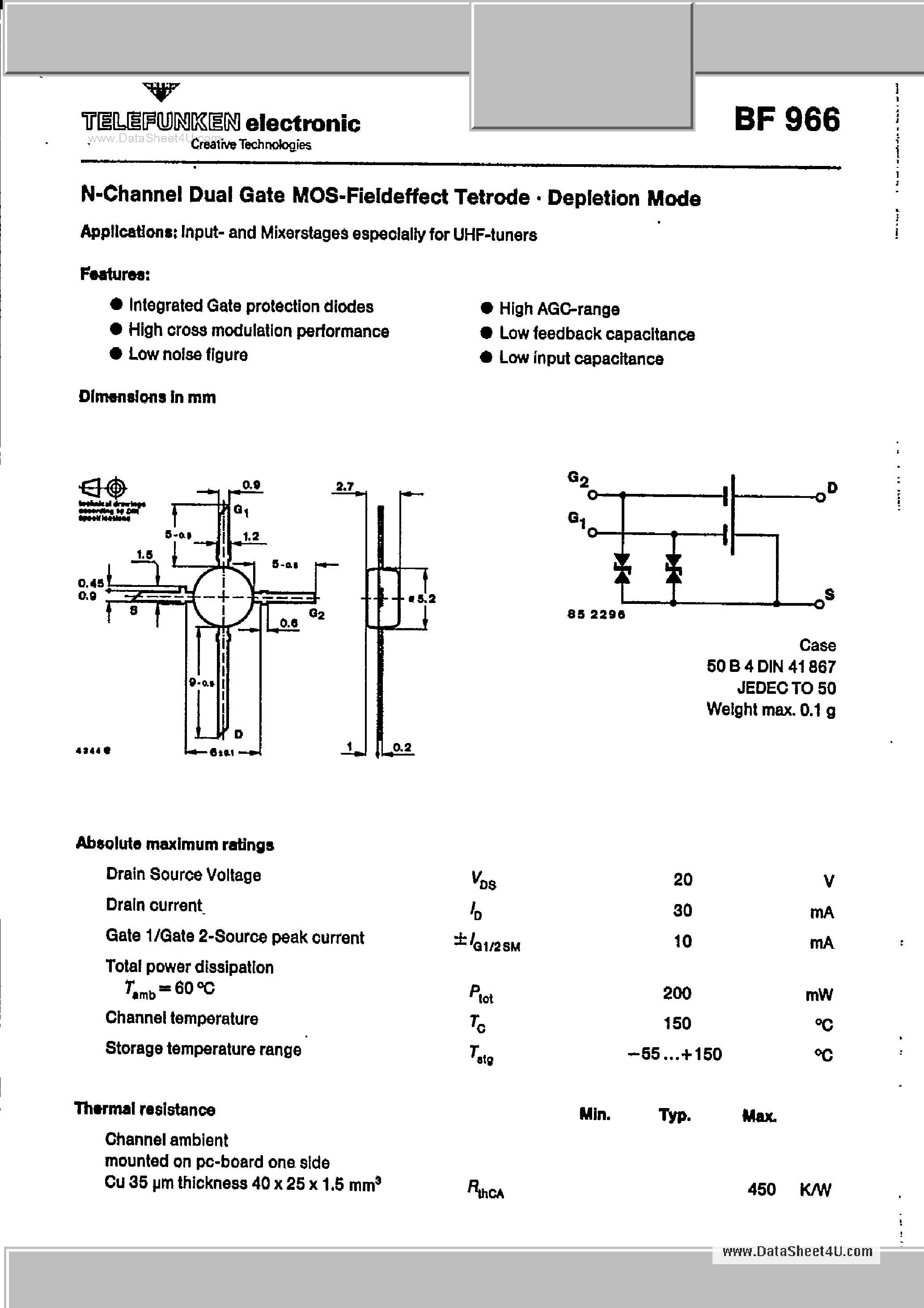 Даташит на микросхему BF966 страница 1 Даташит BF966 - N-Channel Dual Gate MOS Fieldeffect Tetrod страница 1