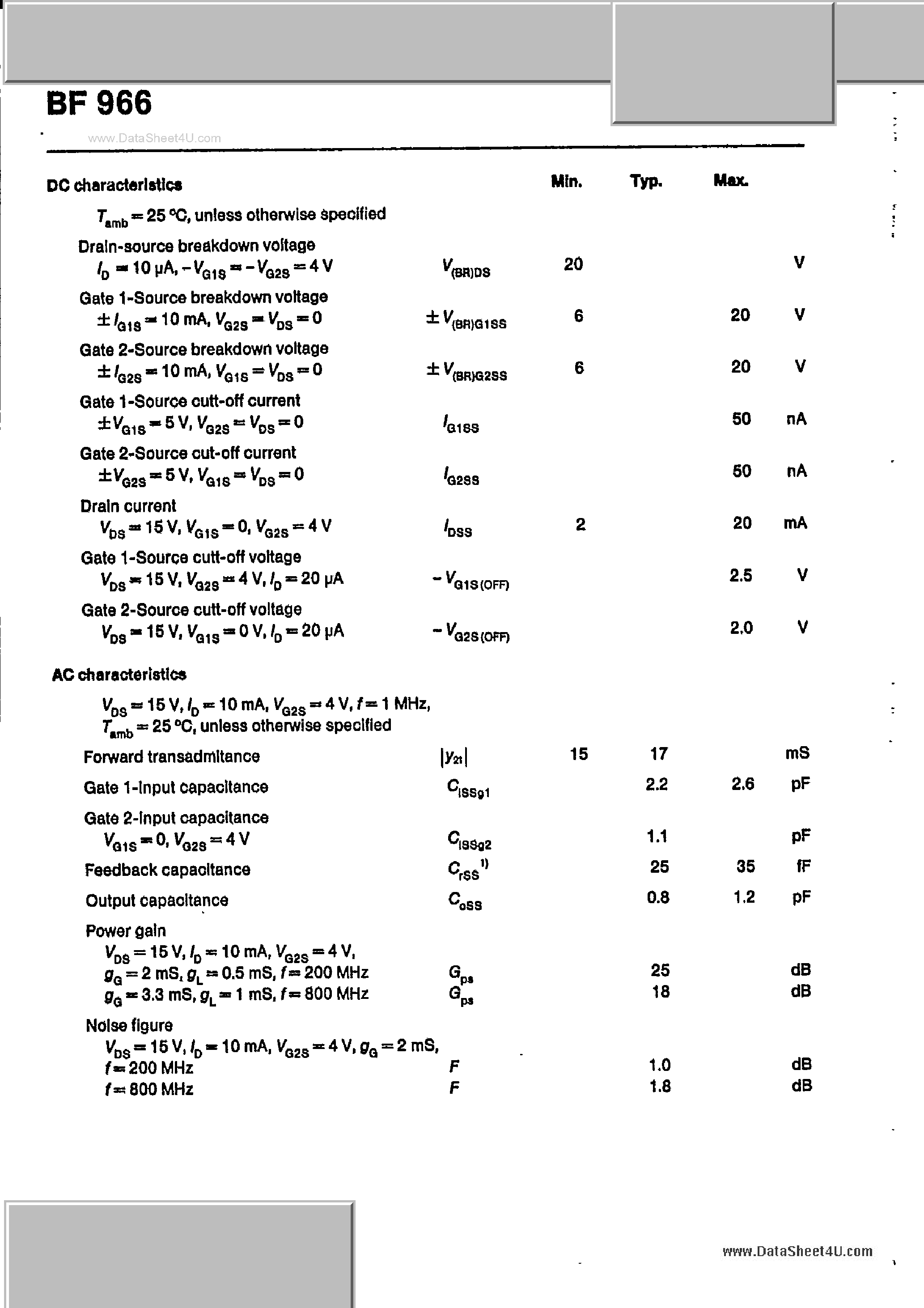 Даташит на микросхему BF966 страница 2 Даташит BF966 - N-Channel Dual Gate MOS Fieldeffect Tetrod страница 2