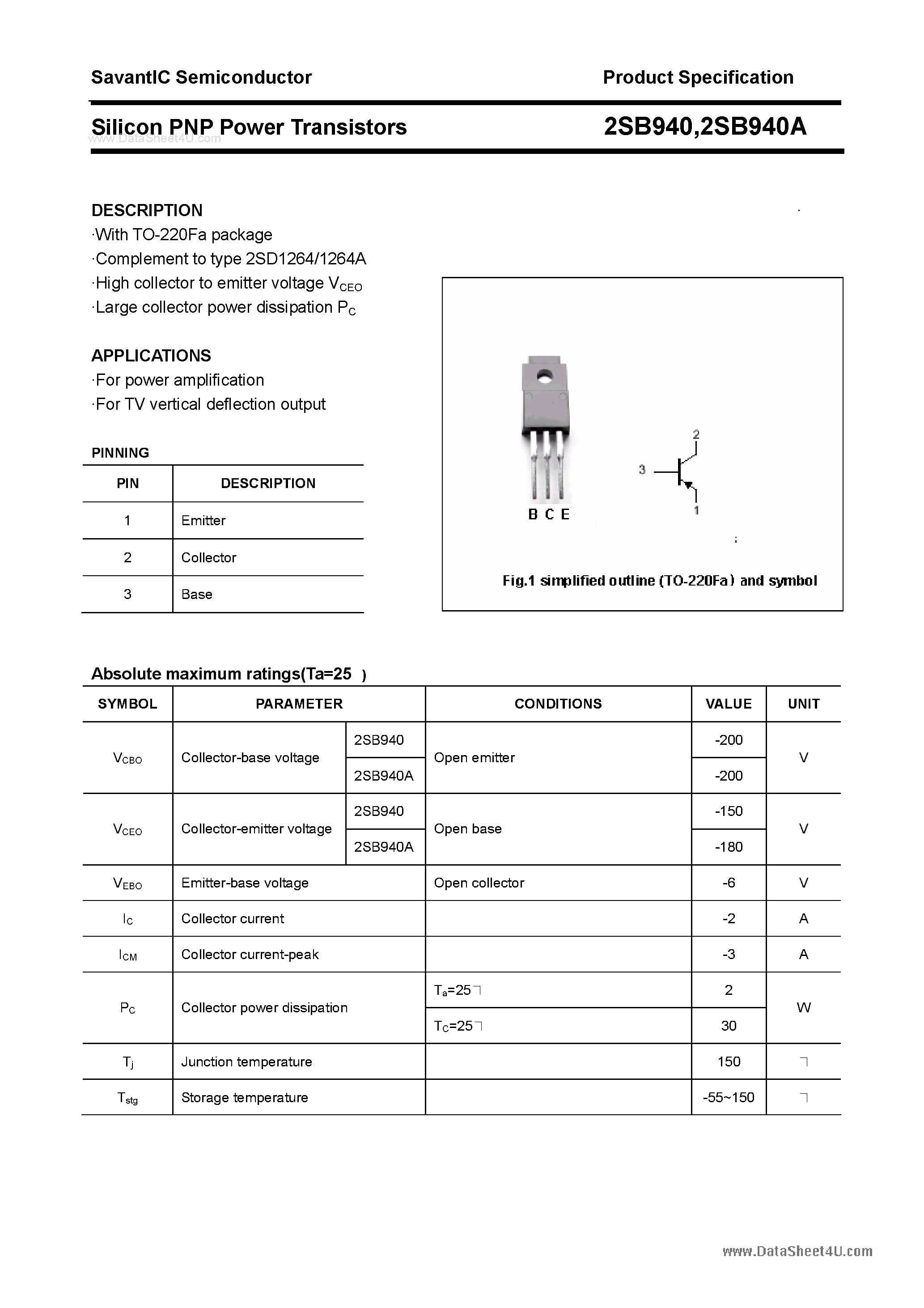 Даташит 2SB940 - SILICON POWER TRANSISTOR страница 1