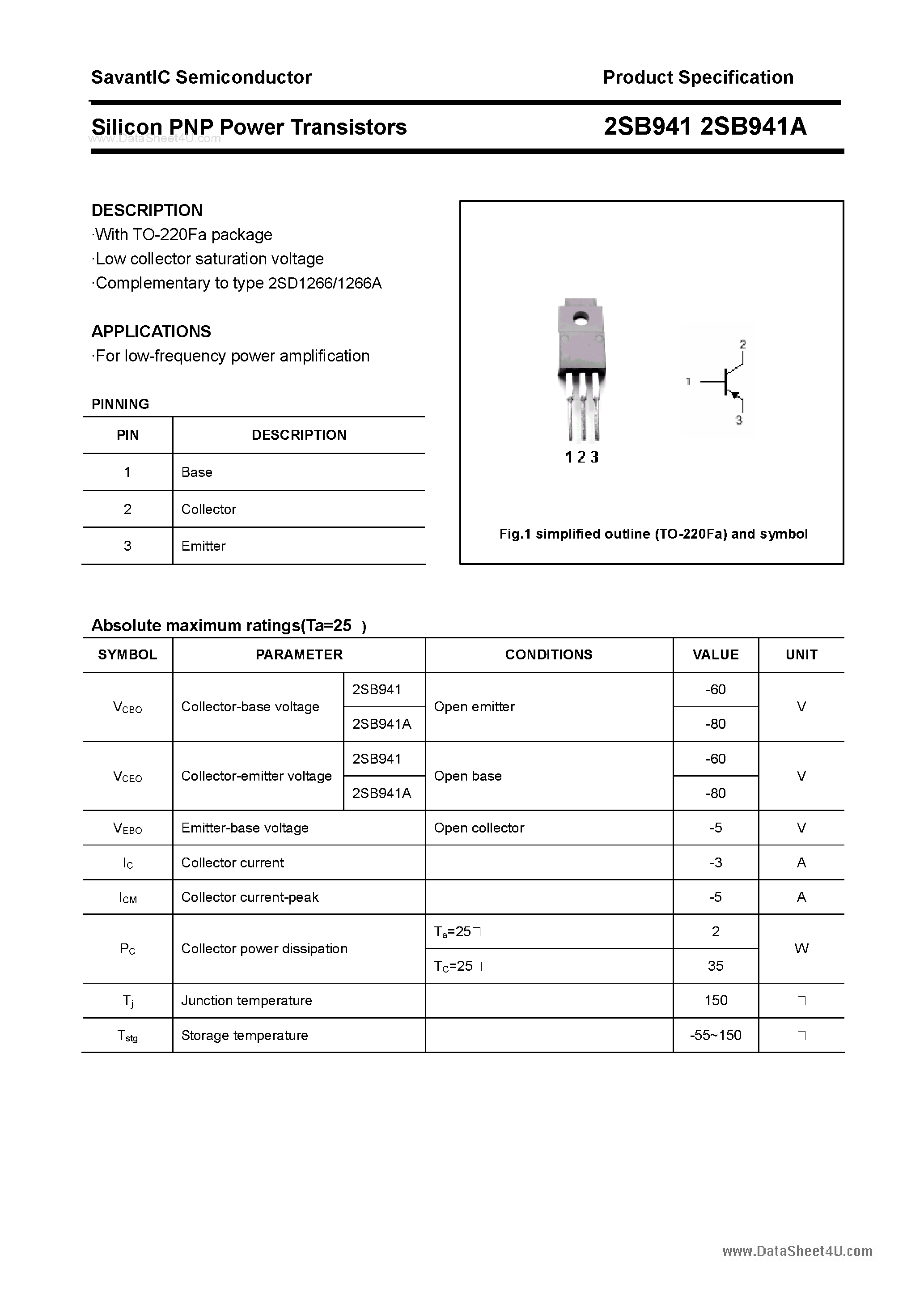 Даташит 2SB941 - SILICON POWER TRANSISTOR страница 1