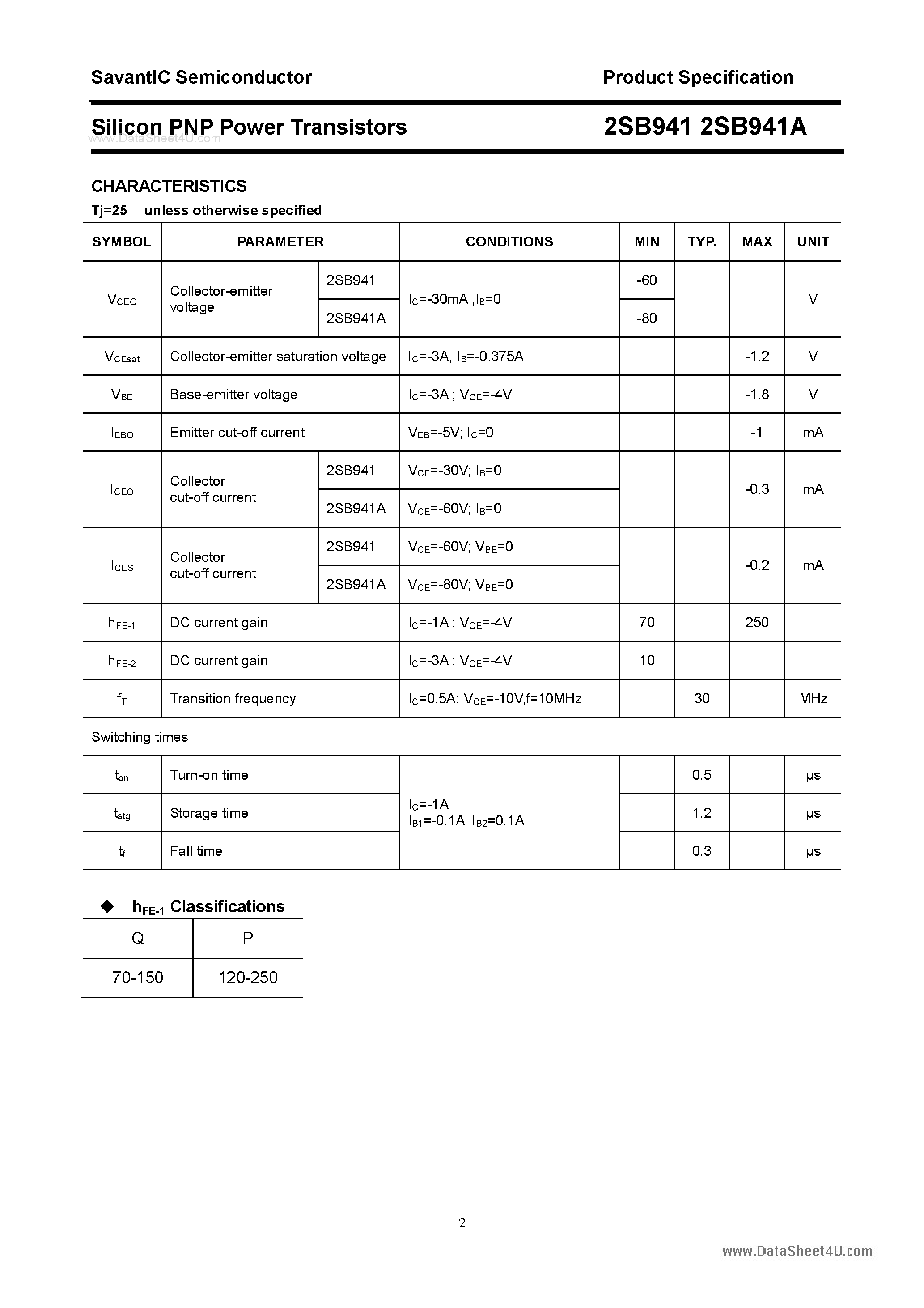 Даташит 2SB941 - SILICON POWER TRANSISTOR страница 2