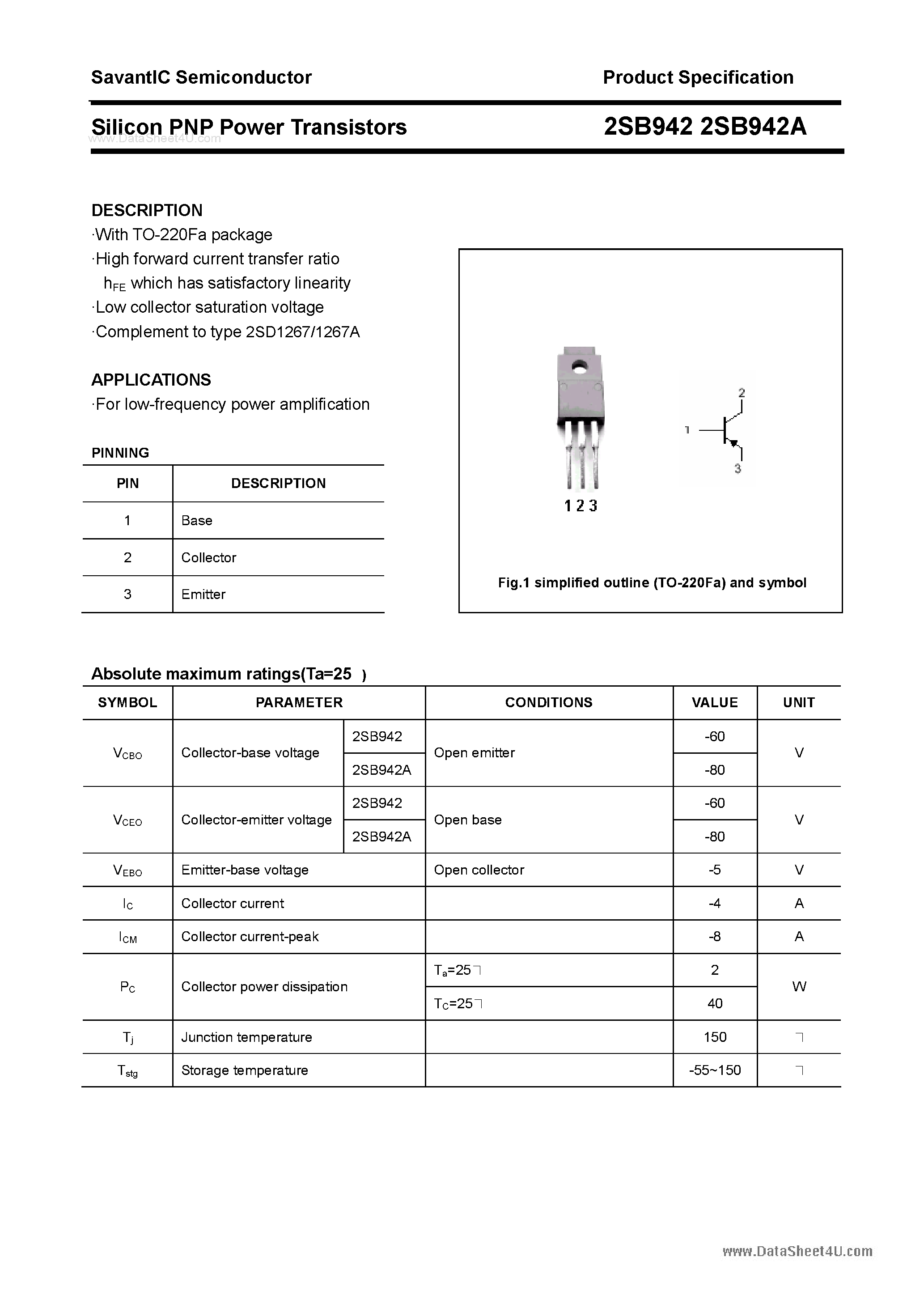 Даташит 2SB942 - SILICON POWER TRANSISTOR страница 1
