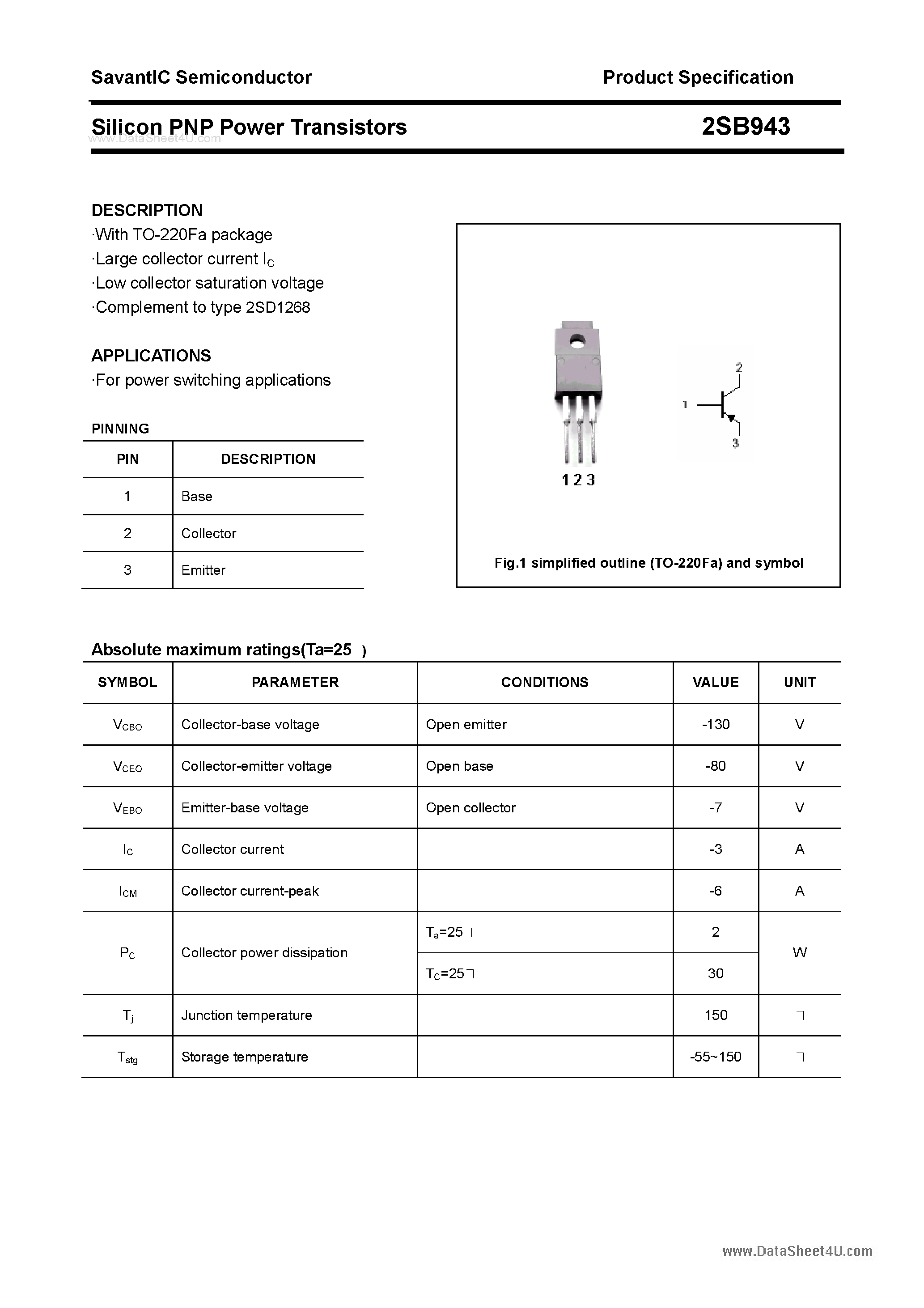 Даташит 2SB943 - SILICON POWER TRANSISTOR страница 1
