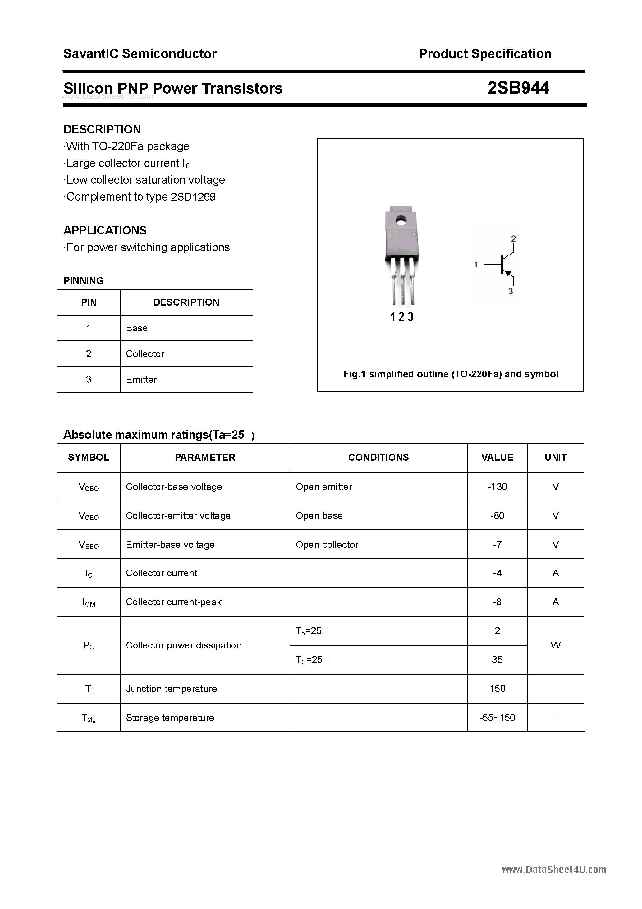 Даташит 2SB944 - SILICON POWER TRANSISTOR страница 1