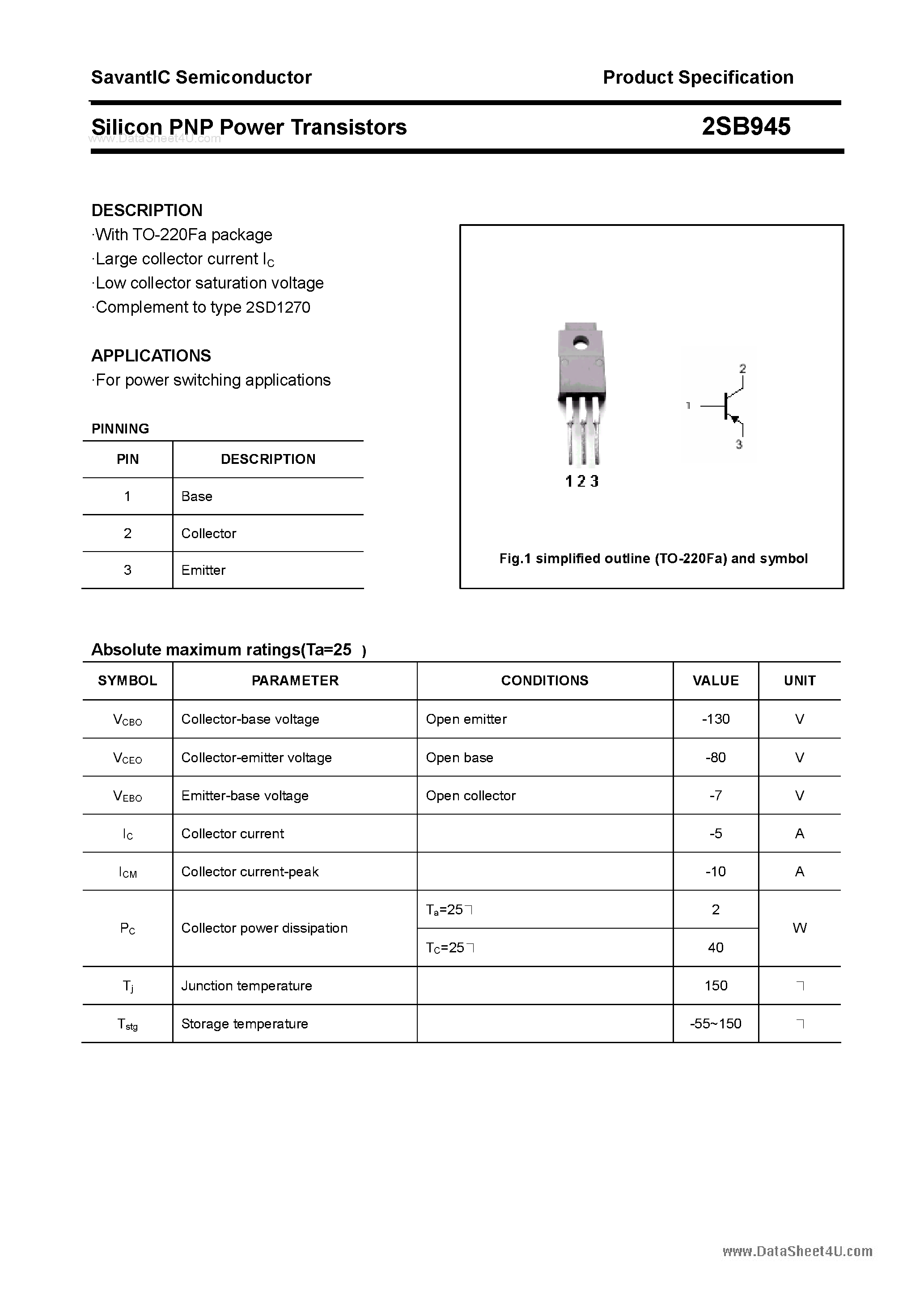 Даташит 2SB945 - SILICON POWER TRANSISTOR страница 1
