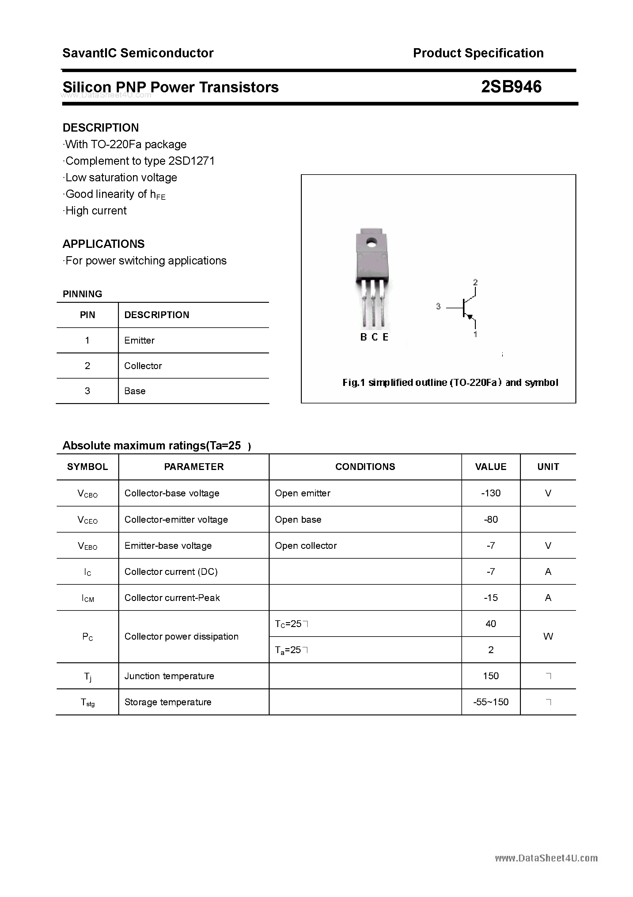 Даташит 2SB946 - SILICON POWER TRANSISTOR страница 1