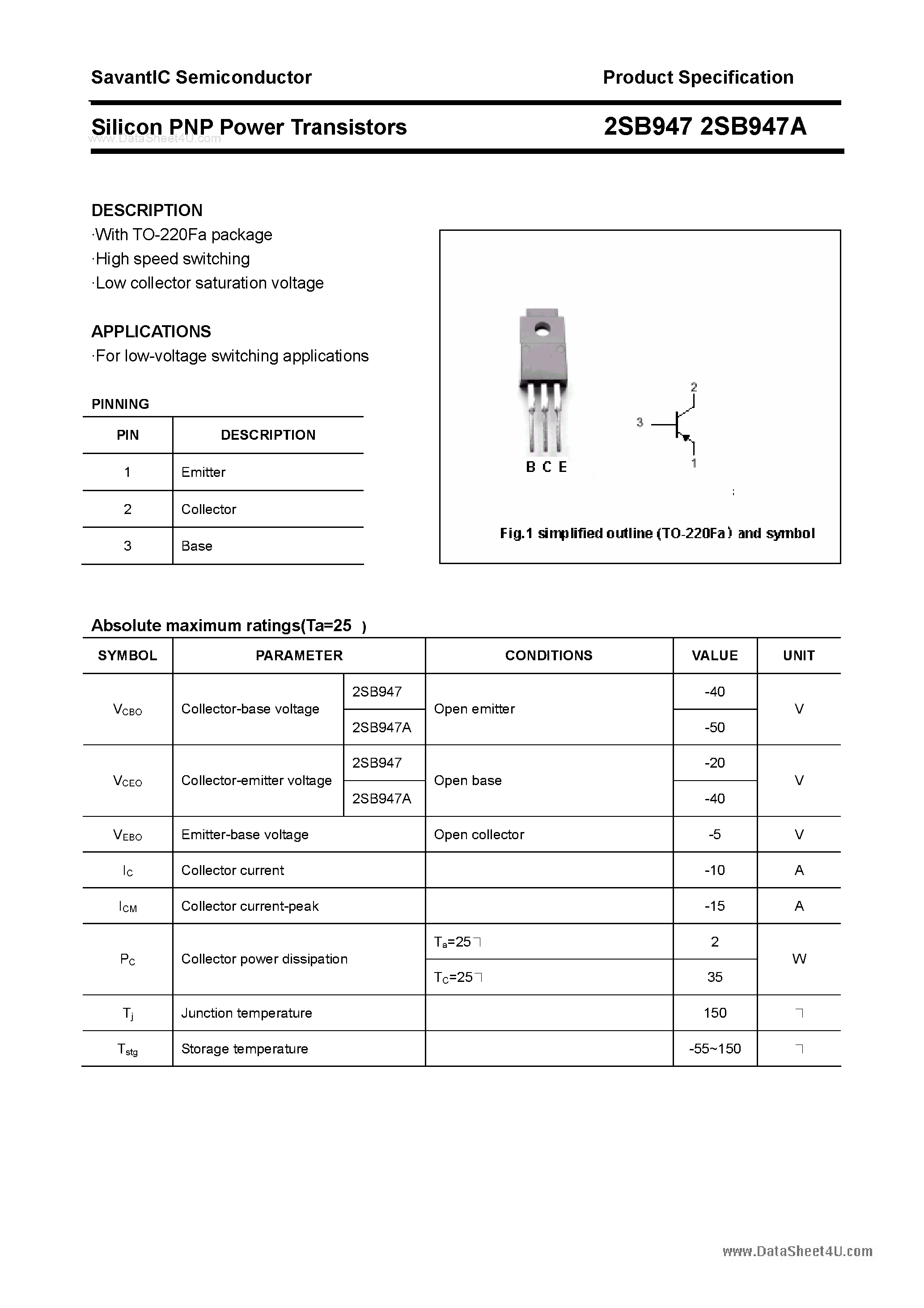 Даташит 2SB947 - SILICON POWER TRANSISTOR страница 1