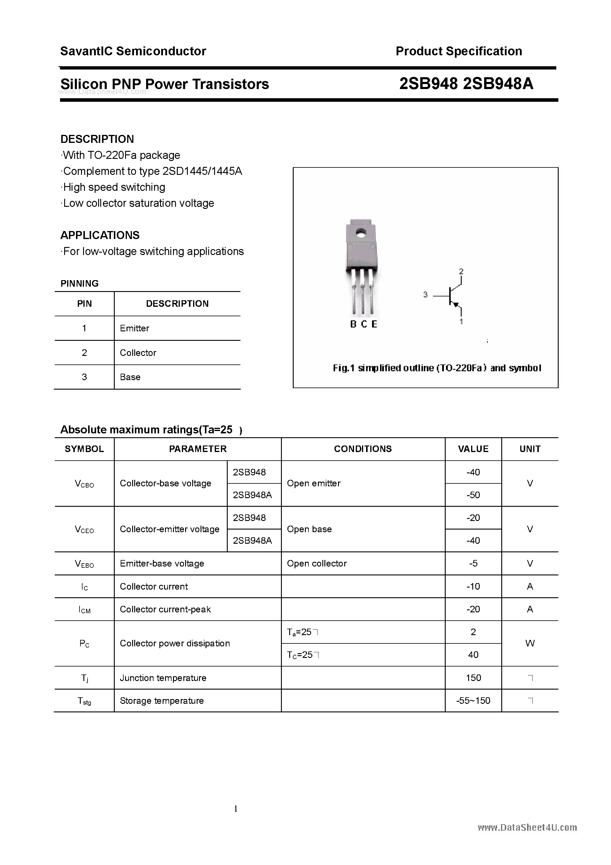 Даташит 2SB948 - SILICON POWER TRANSISTOR страница 1
