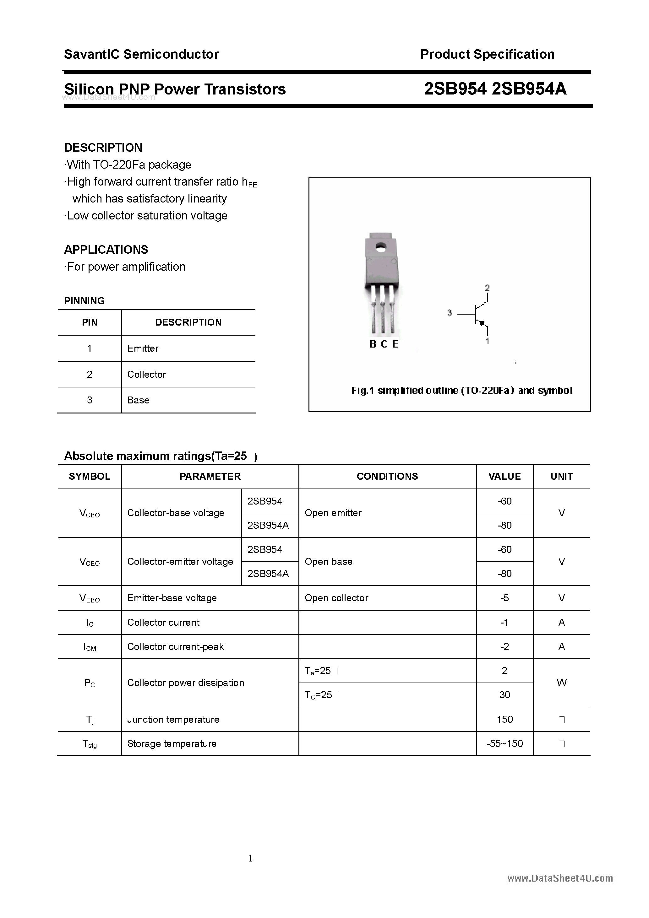Даташит 2SB954 - SILICON POWER TRANSISTOR страница 1