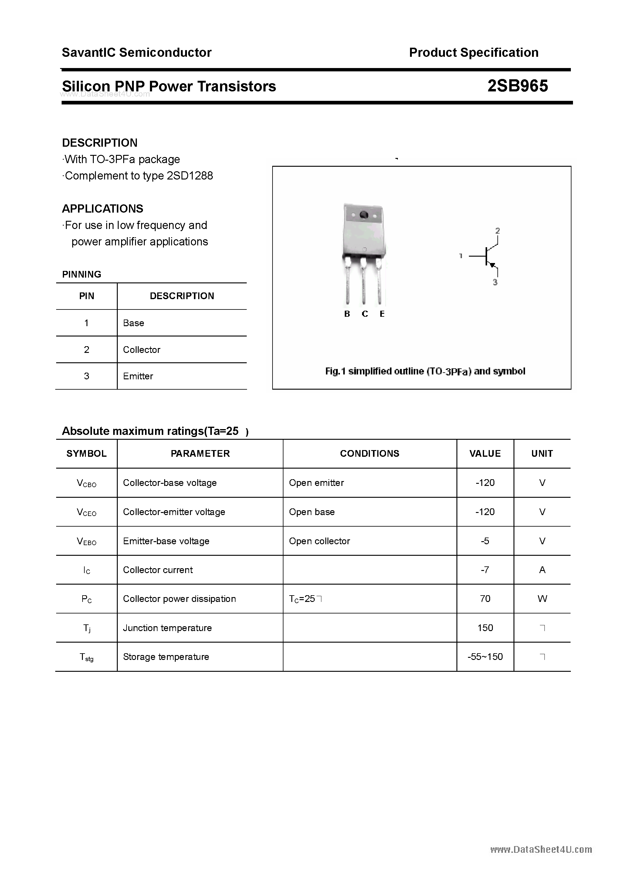 Даташит 2SB965 - SILICON POWER TRANSISTOR страница 1