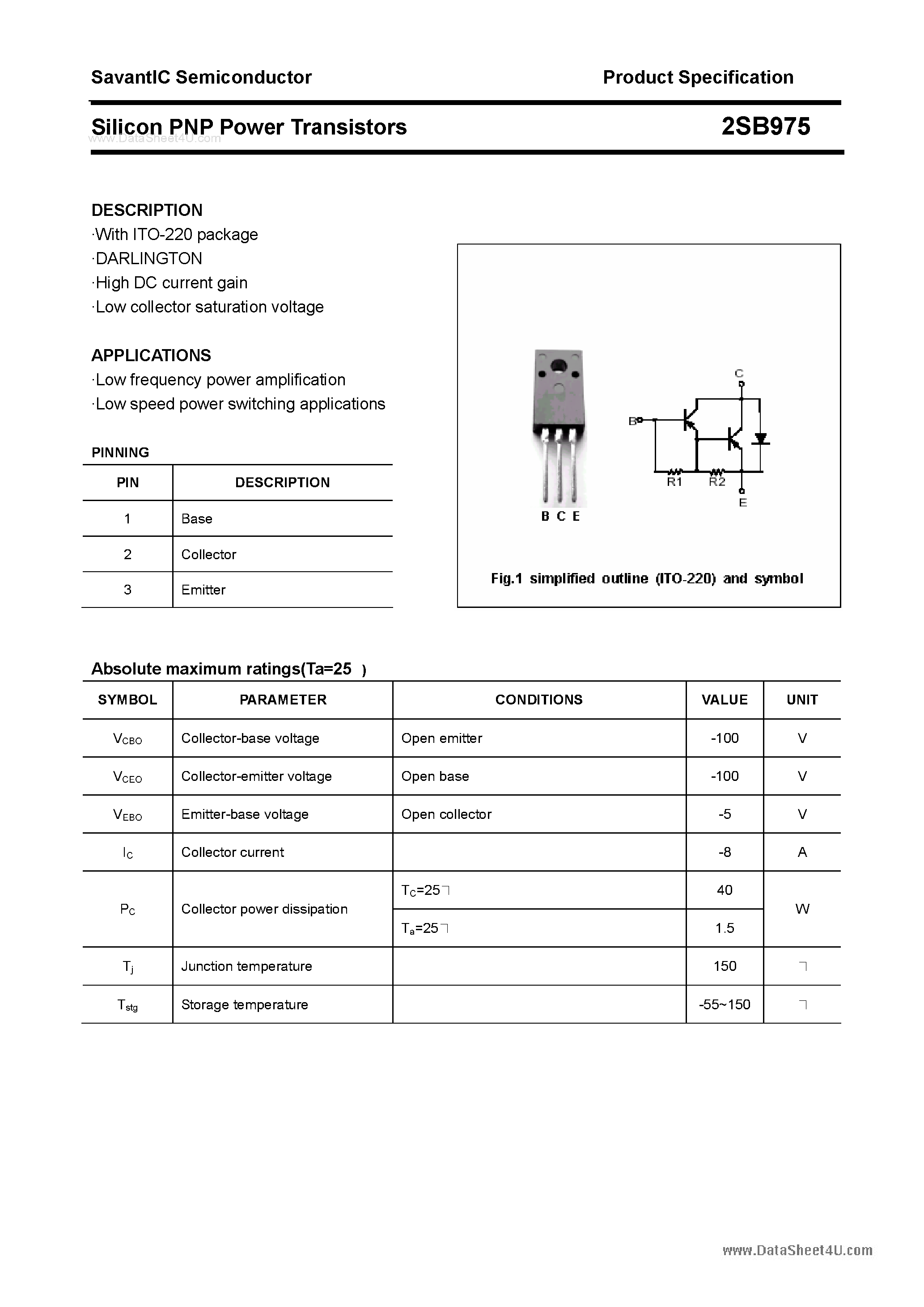 Даташит 2SB975 - SILICON POWER TRANSISTOR страница 1