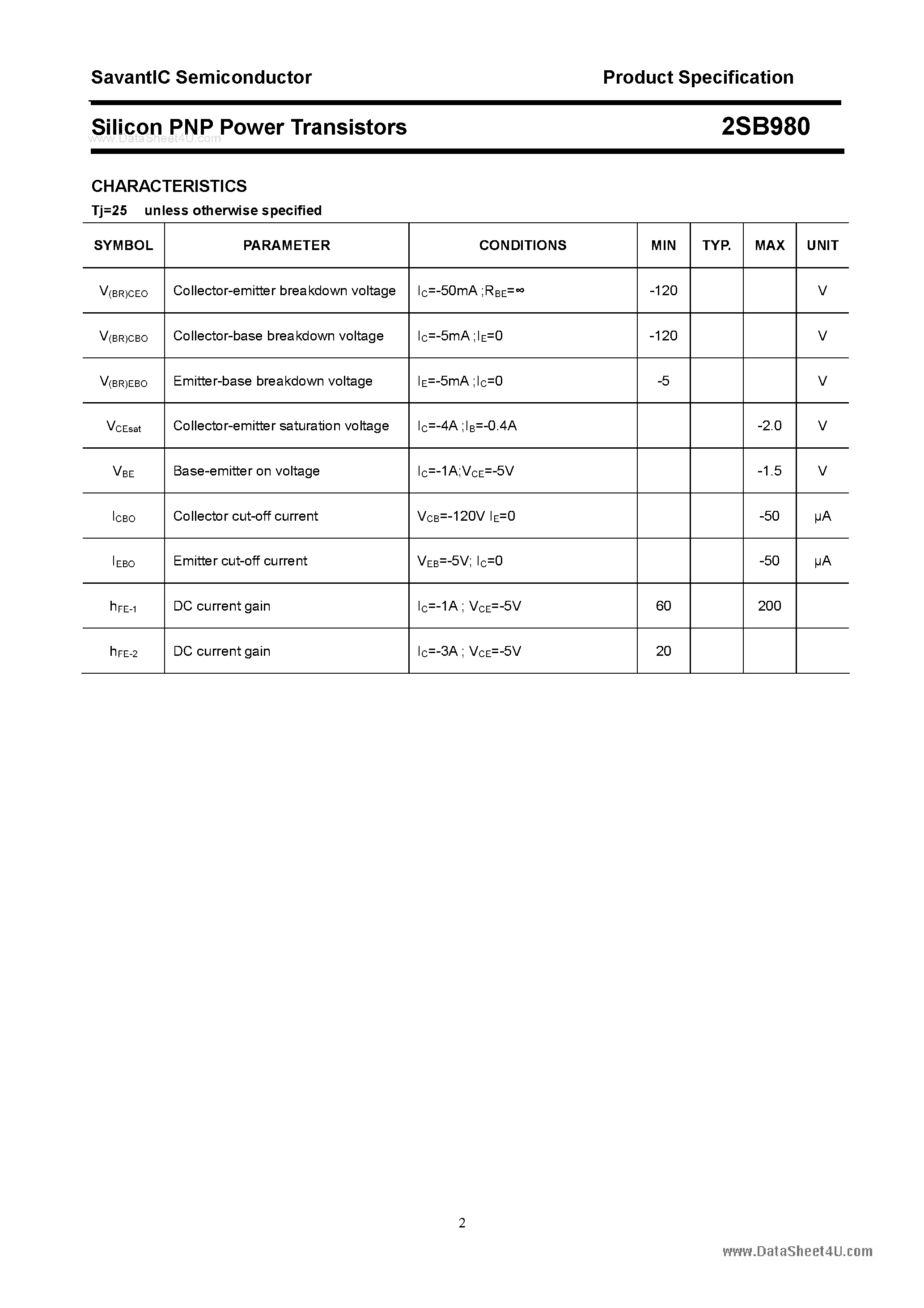 Даташит 2SB980 - SILICON POWER TRANSISTOR страница 2