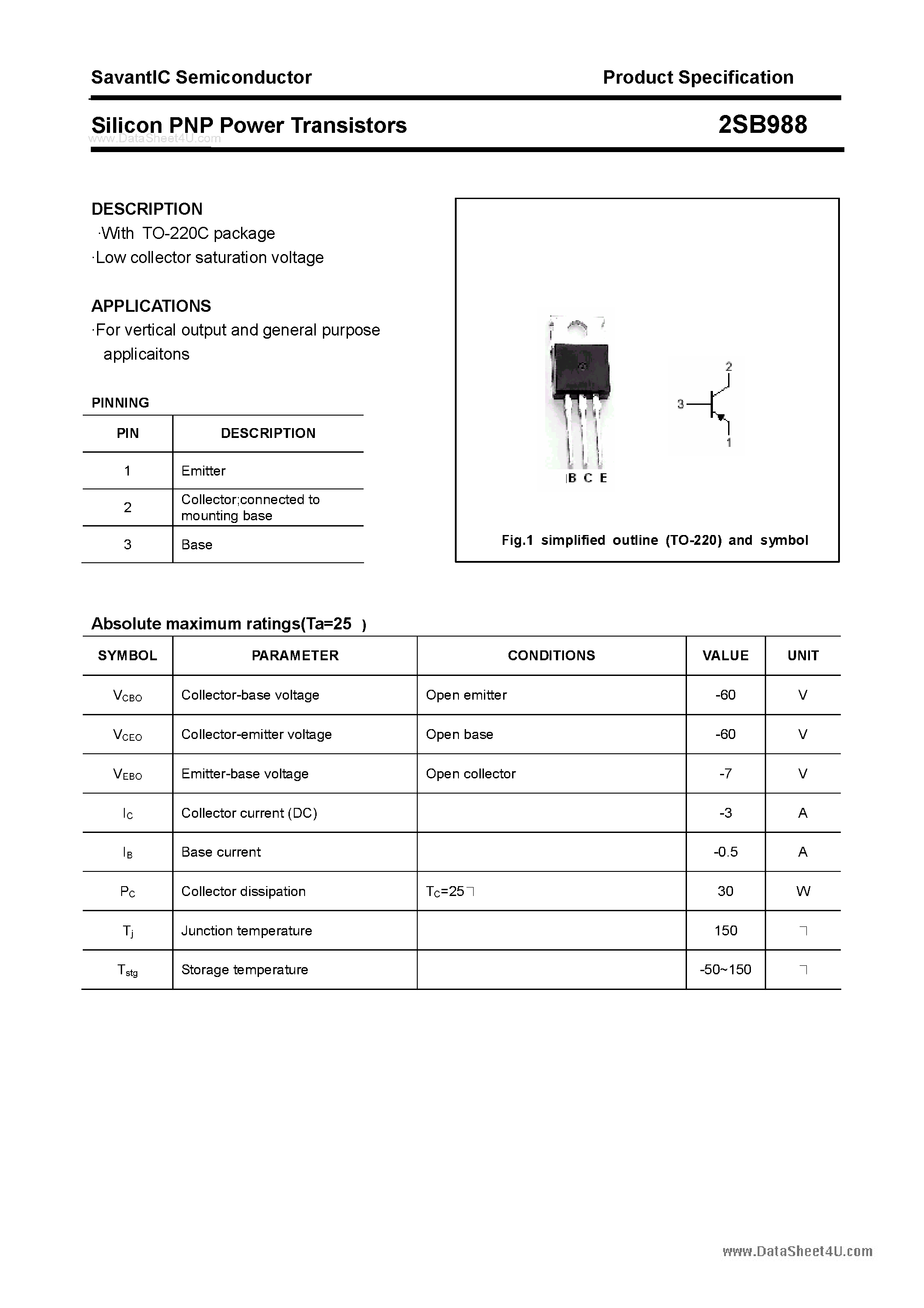 Datasheet 2SB988 page 1 Datasheet 2SB988 - SILICON POWER TRANSISTOR page 1