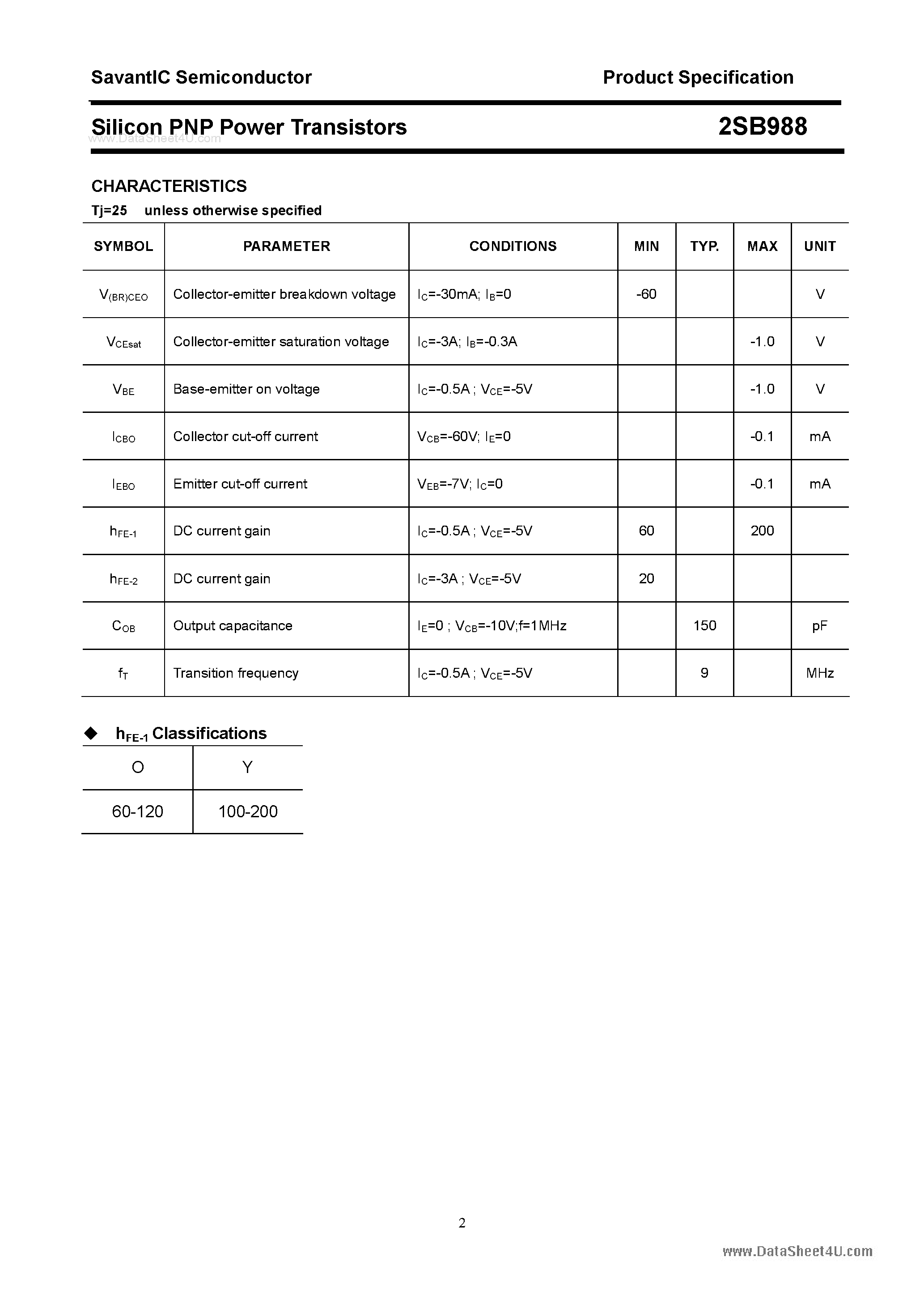 Datasheet 2SB988 page 2 Datasheet 2SB988 - SILICON POWER TRANSISTOR page 2