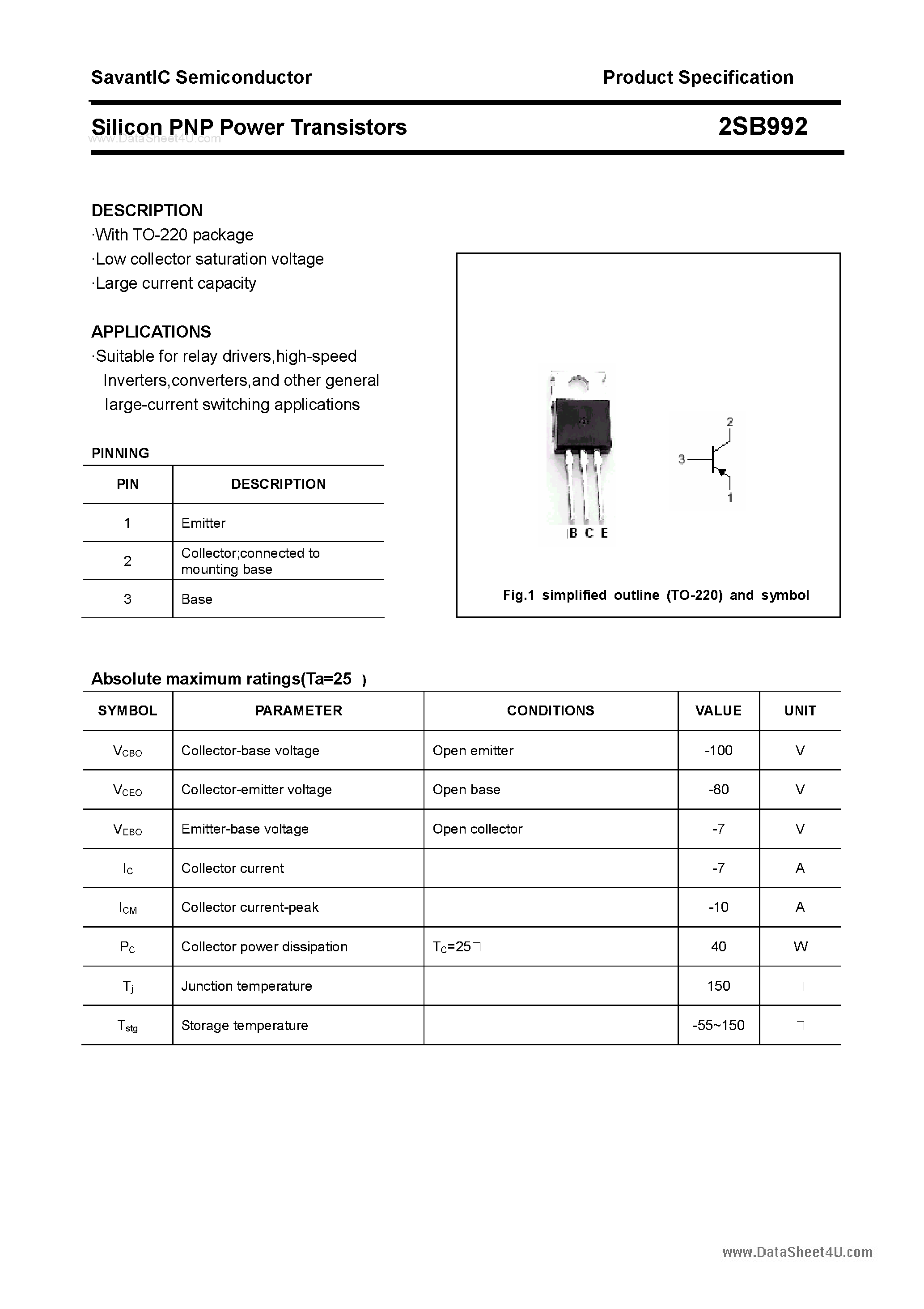 Даташит 2SB992 - SILICON POWER TRANSISTOR страница 1