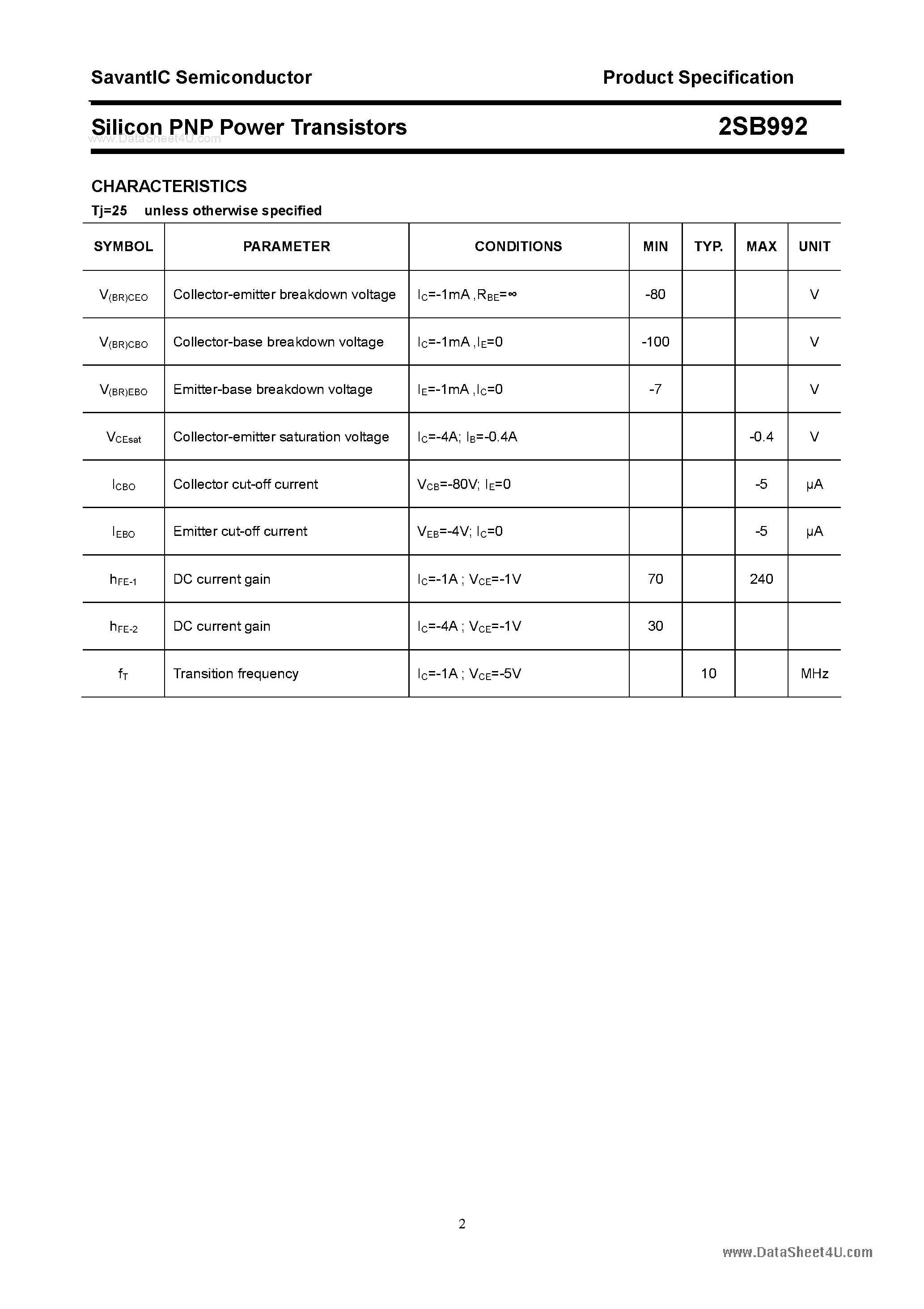 Даташит 2SB992 - SILICON POWER TRANSISTOR страница 2