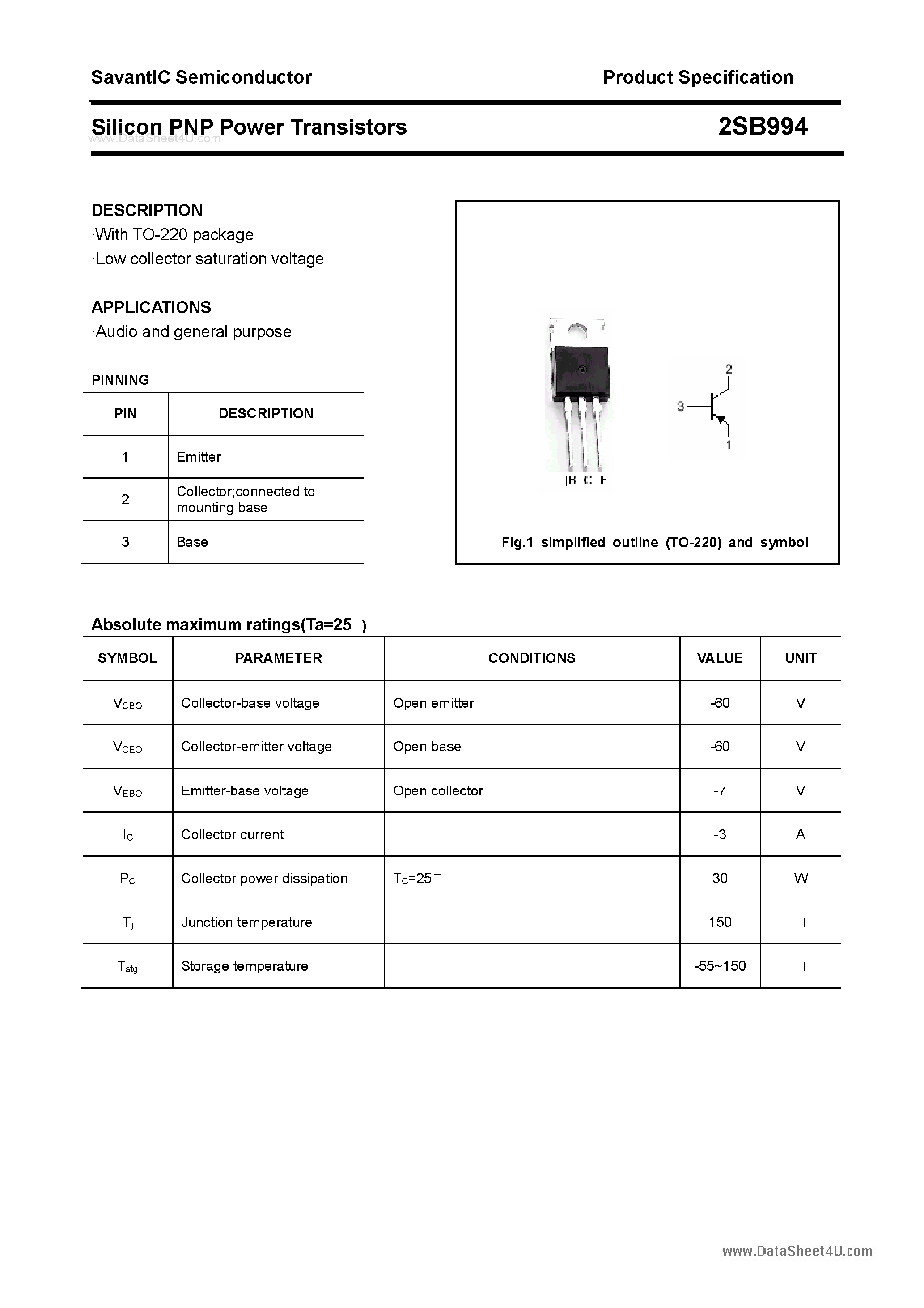 Даташит на микросхему 2SB994 страница 1 Даташит 2SB994 - SILICON POWER TRANSISTOR страница 1