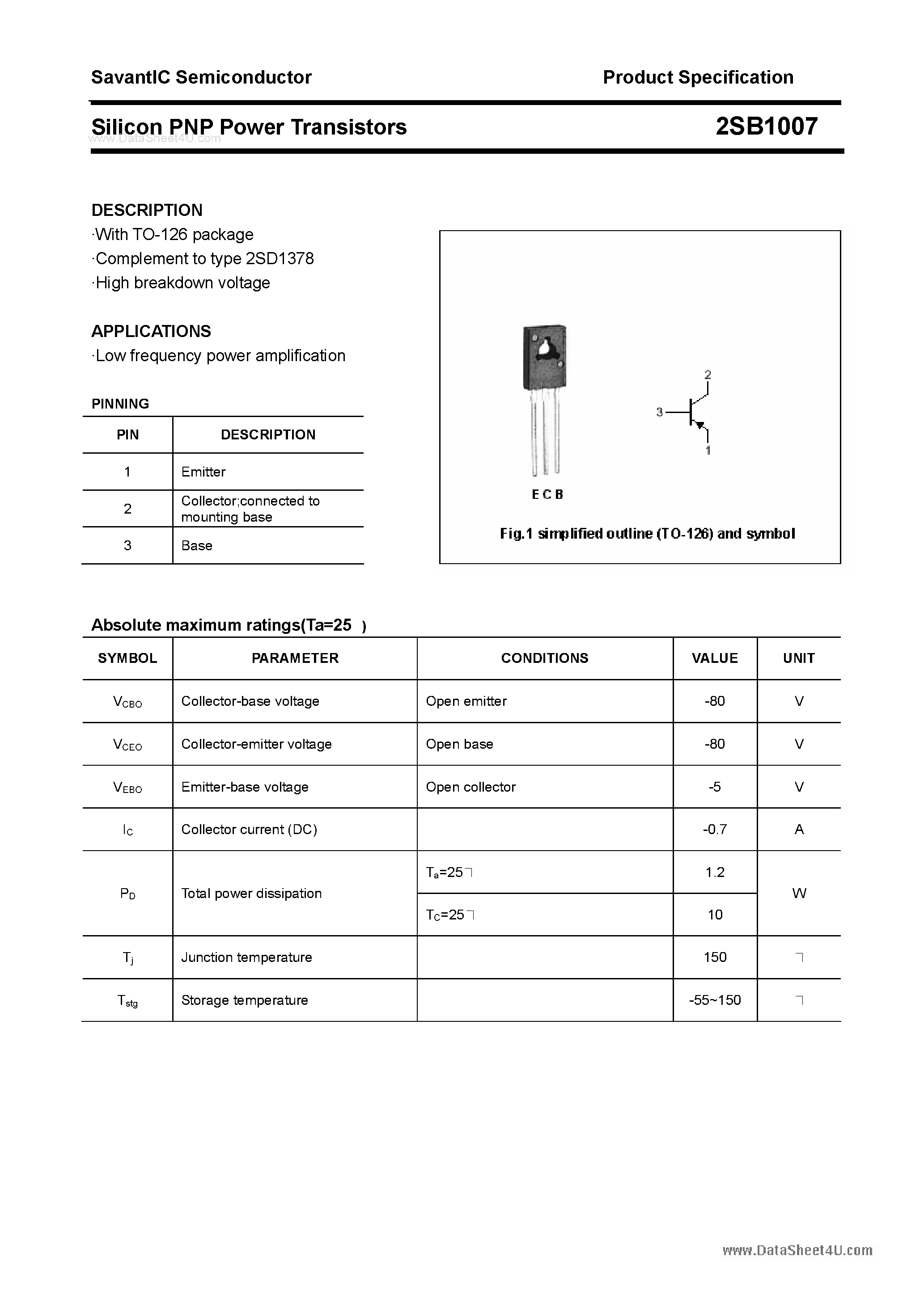 Datasheet 2SB1007 - SILICON POWER TRANSISTOR page 1