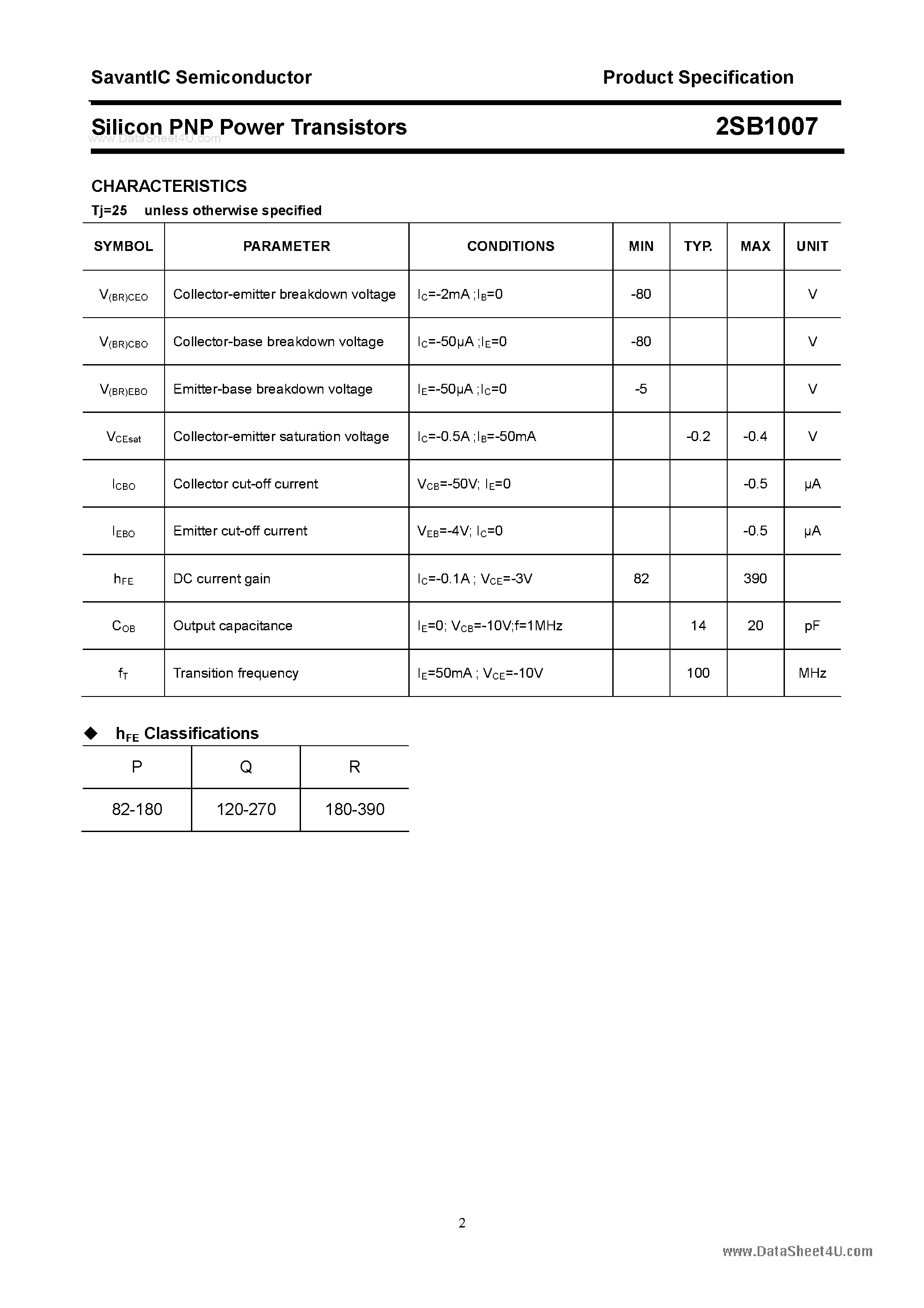 Datasheet 2SB1007 - SILICON POWER TRANSISTOR page 2