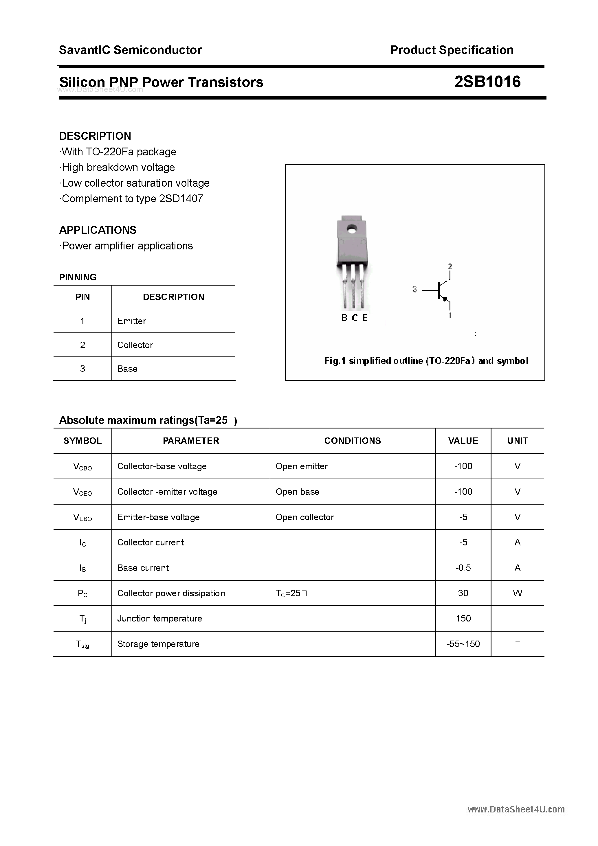 Datasheet 2SB1016 - SILICON POWER TRANSISTOR page 1