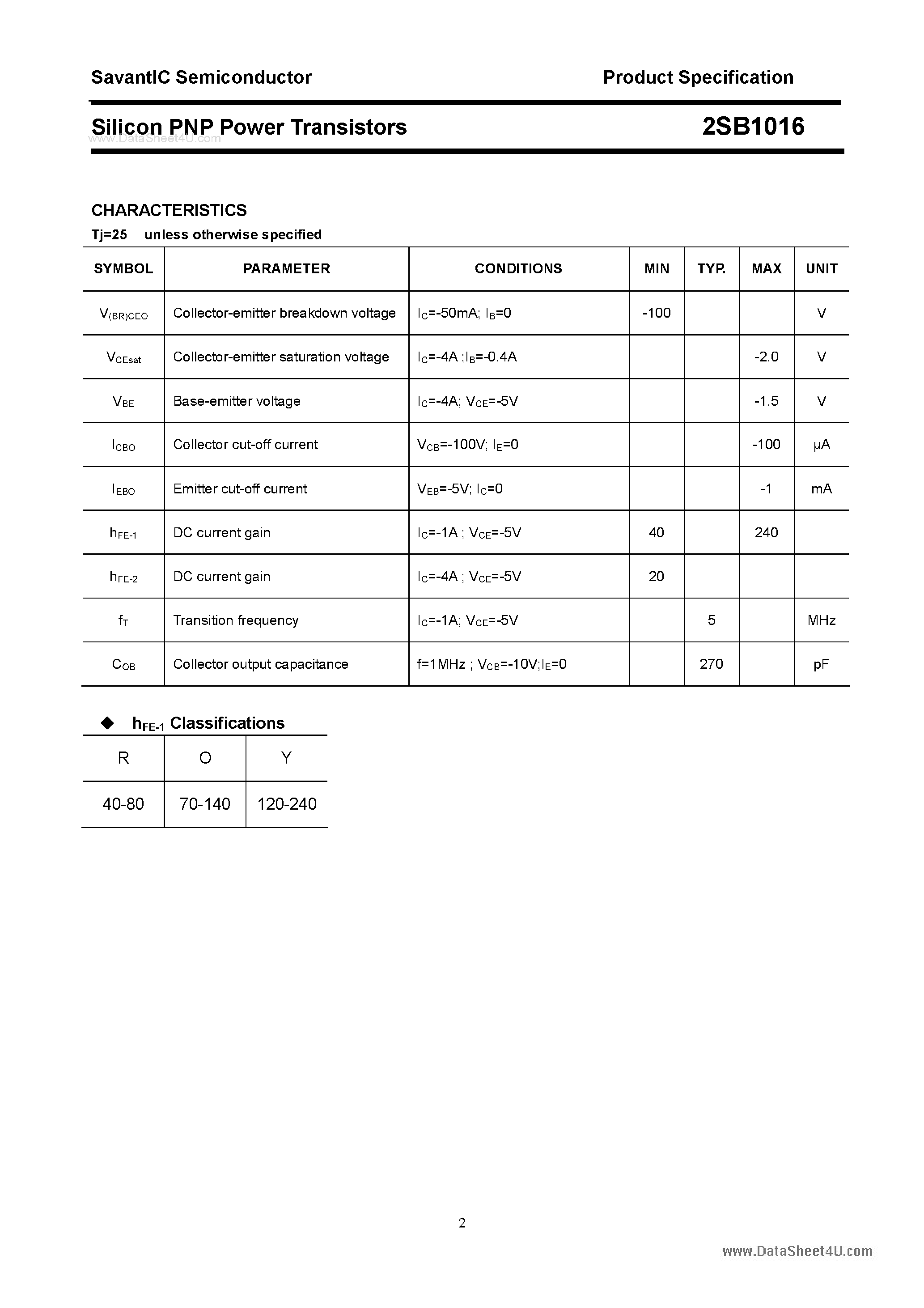 Datasheet 2SB1016 - SILICON POWER TRANSISTOR page 2