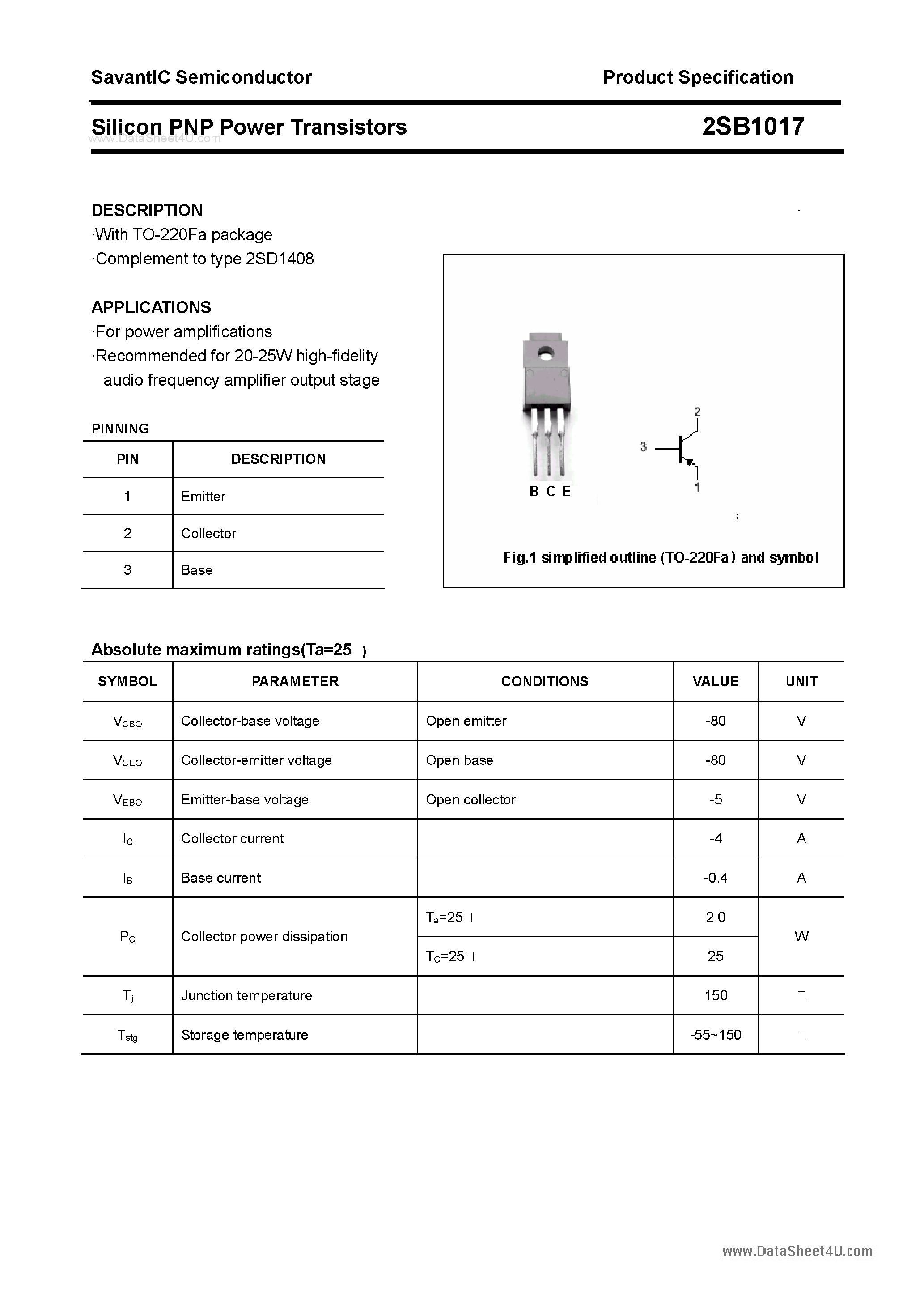 Datasheet 2SB1017 - SILICON POWER TRANSISTOR page 1