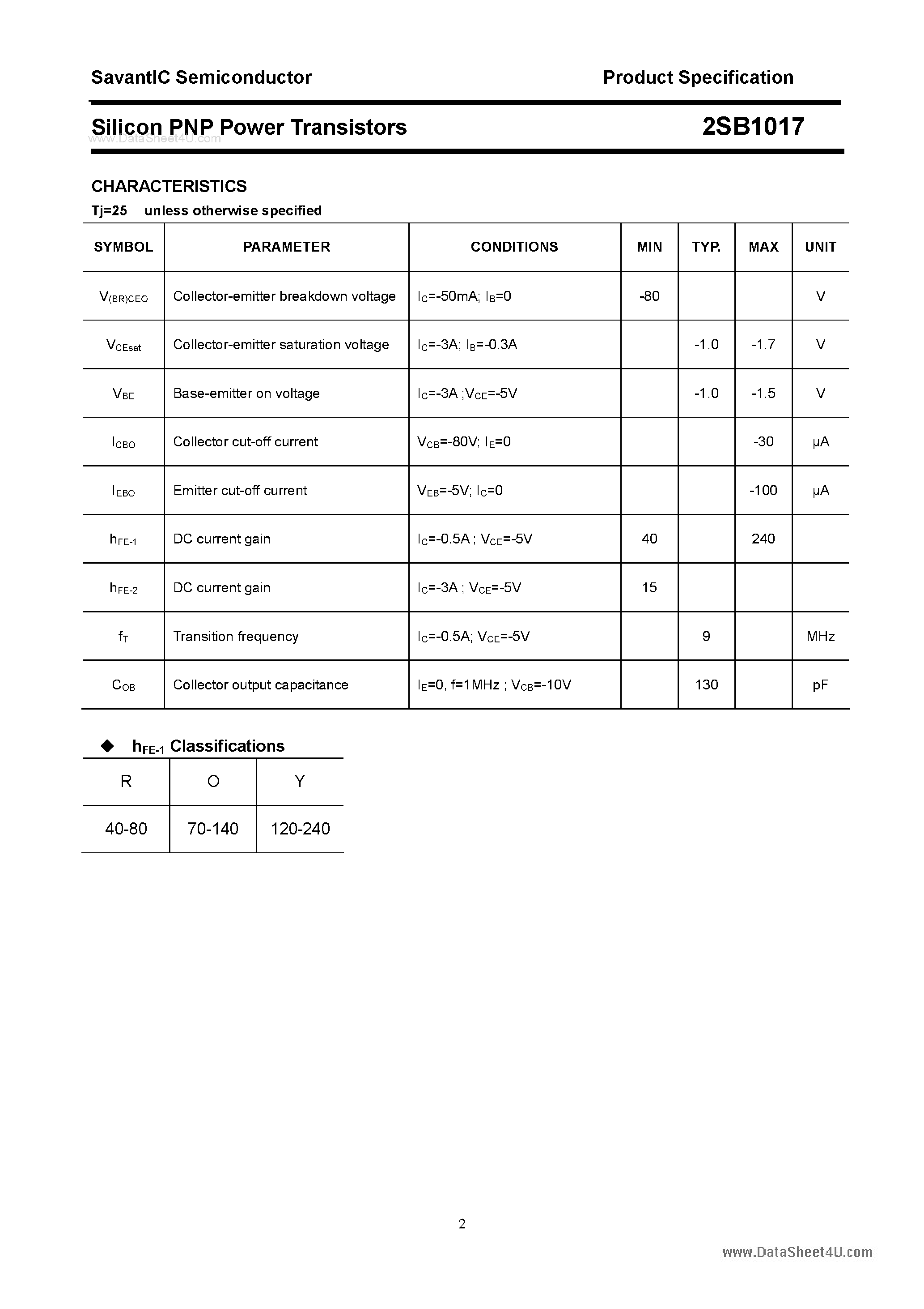 Datasheet 2SB1017 - SILICON POWER TRANSISTOR page 2