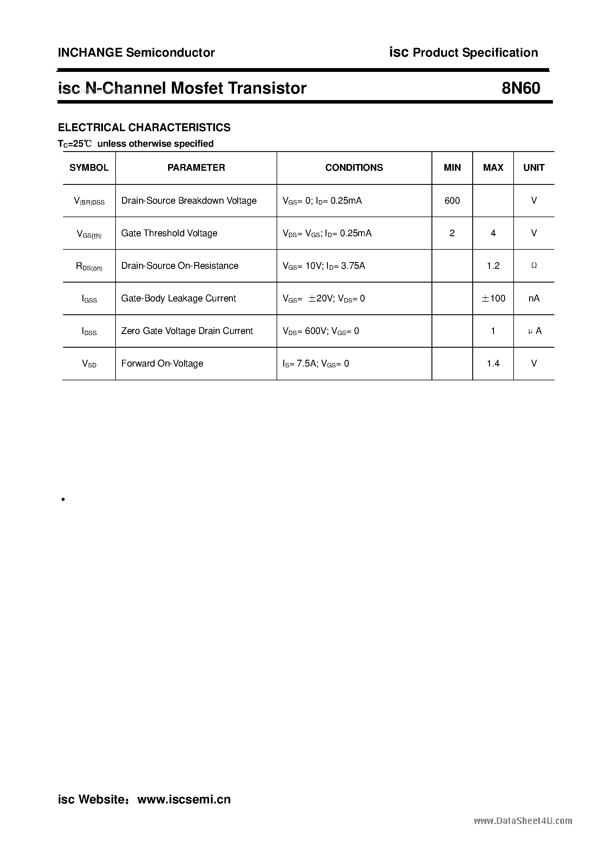 Даташит на микросхему 8N60 страница 2 Даташит 8N60 - N-Channel MOSFET Transistor страница 2