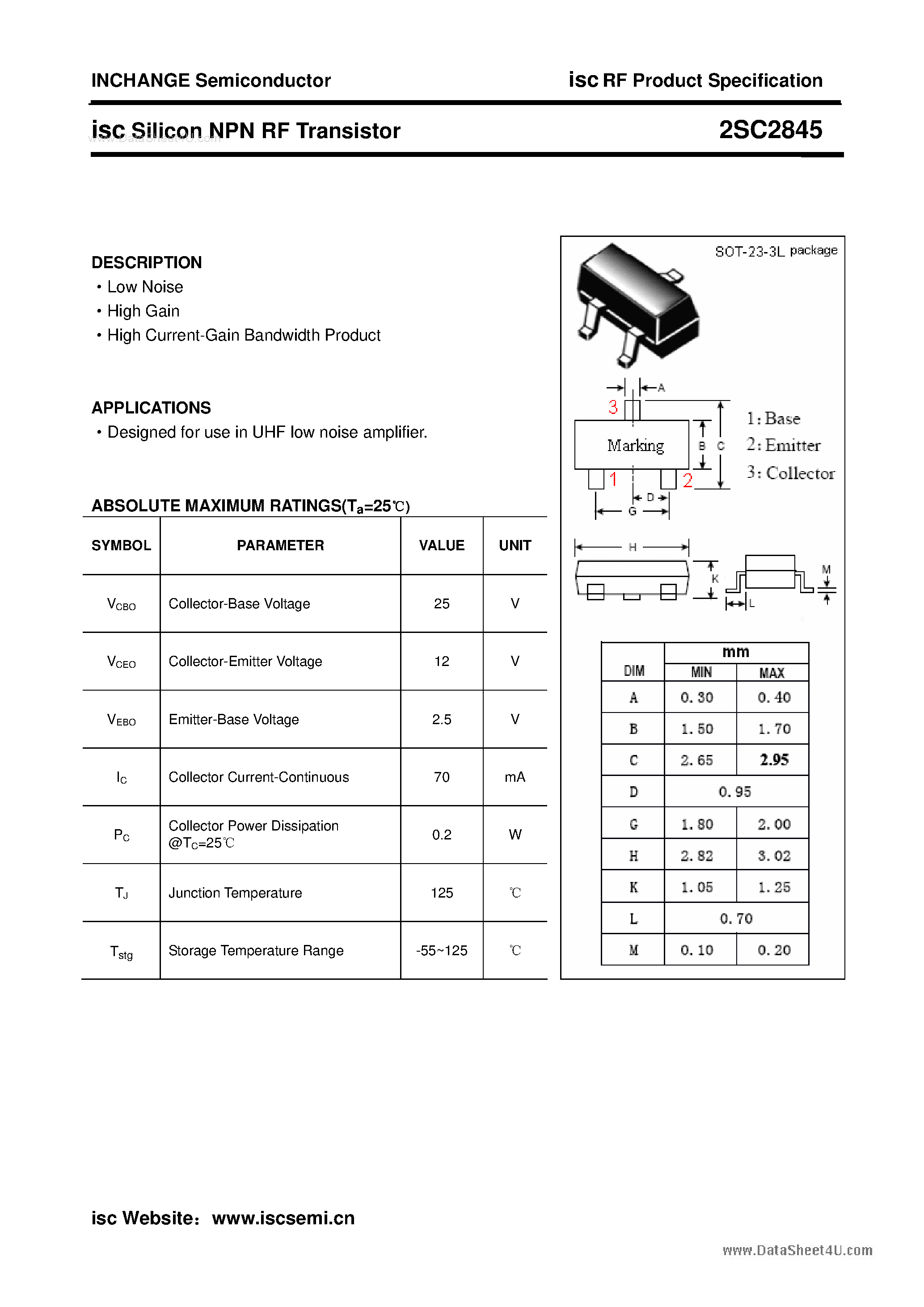Datasheet 2SC2845 - Silicon Power Transistor page 1